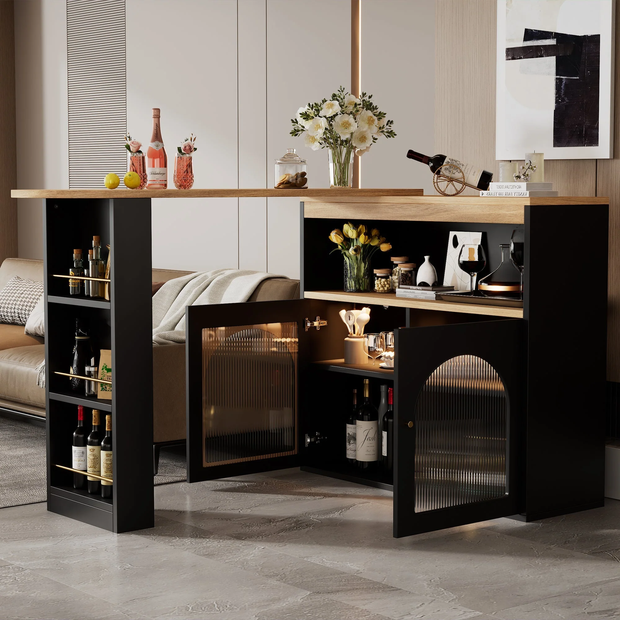 Extendable Bar Table Rotatable Storage LED Light Black - Image 7