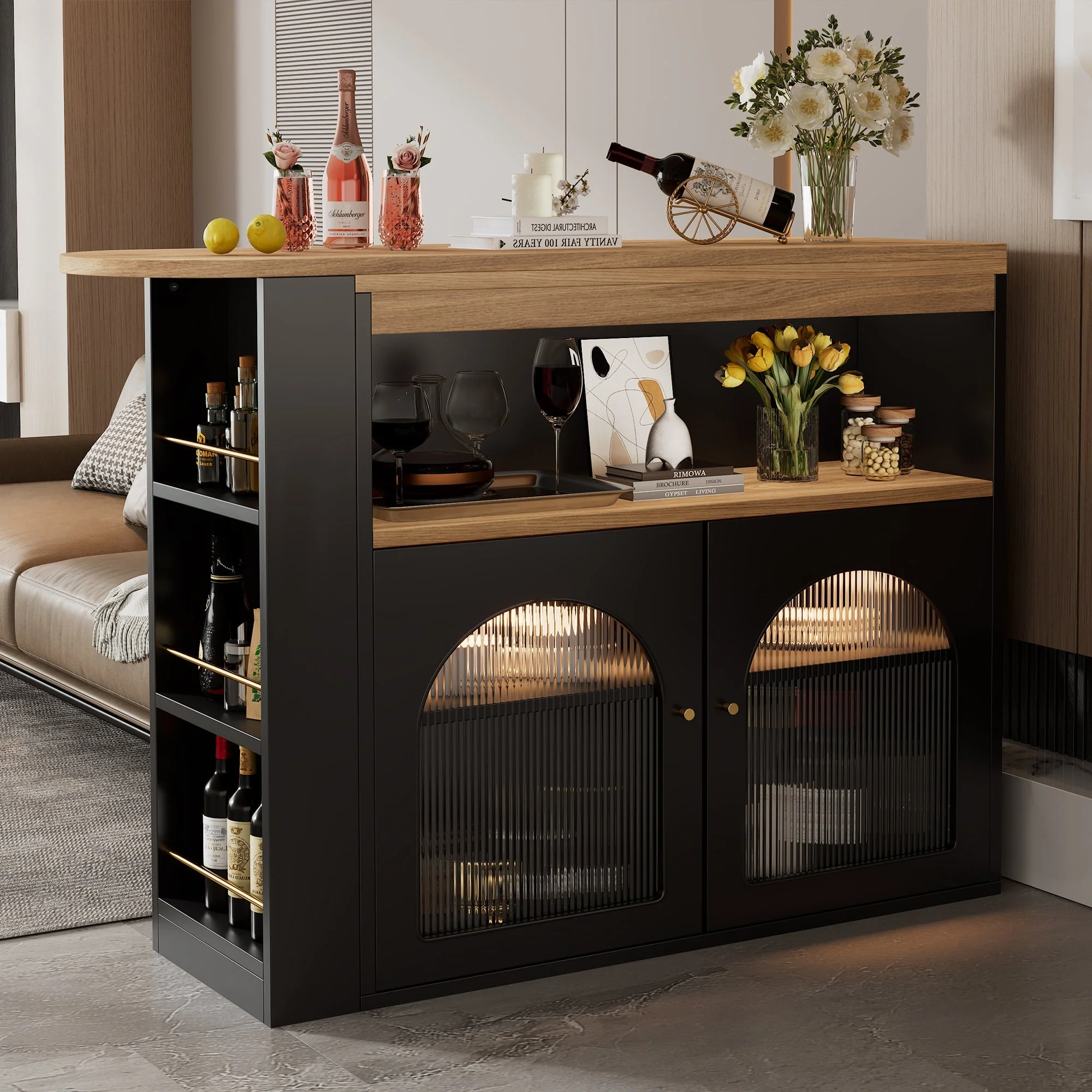Extendable Bar Table Rotatable Storage LED Light Black - Image 8