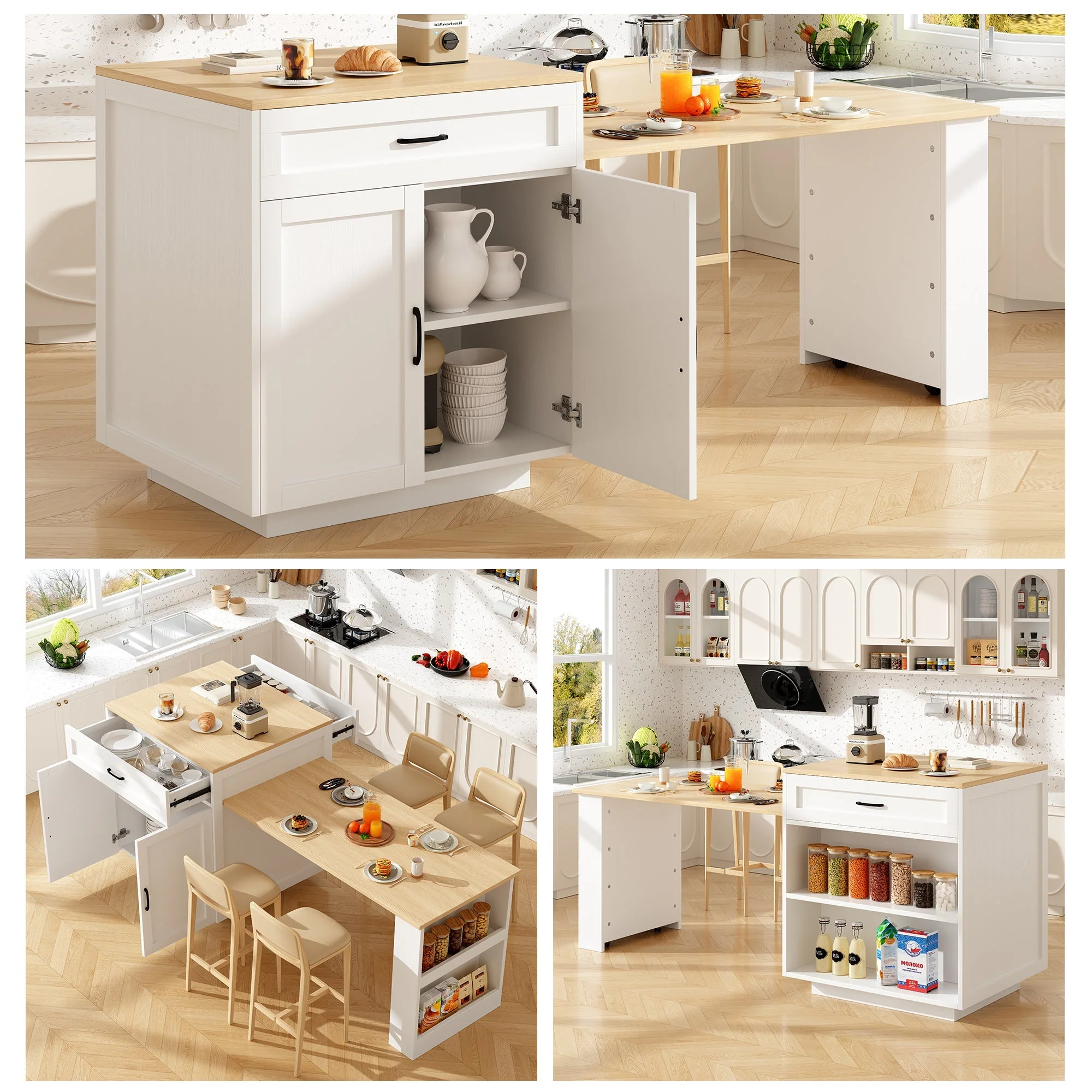Extendable Bar Table Storage 2 Drawers Side Shelves - White