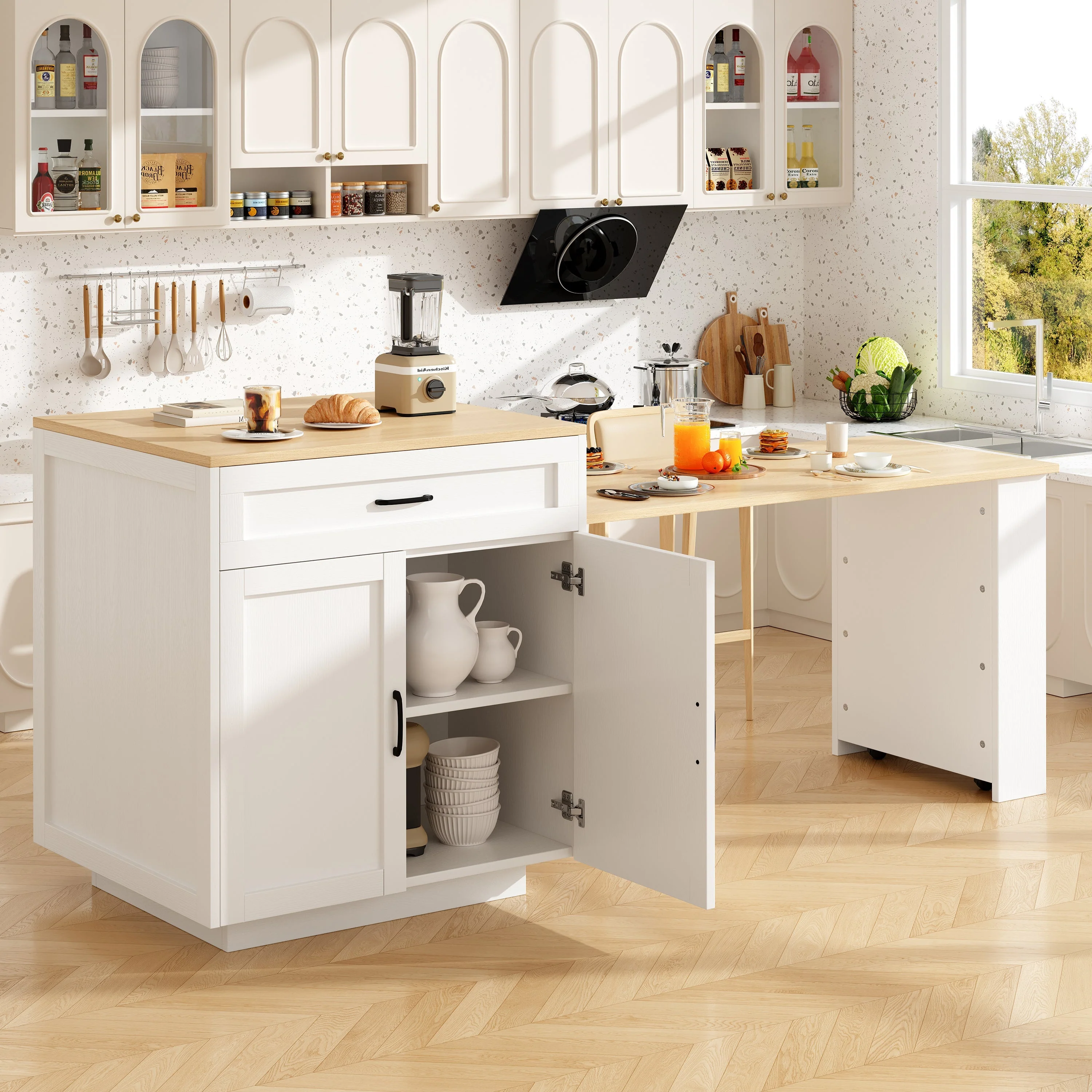 Extendable Bar Table Storage 2 Drawers Side Shelves - White - Image 5