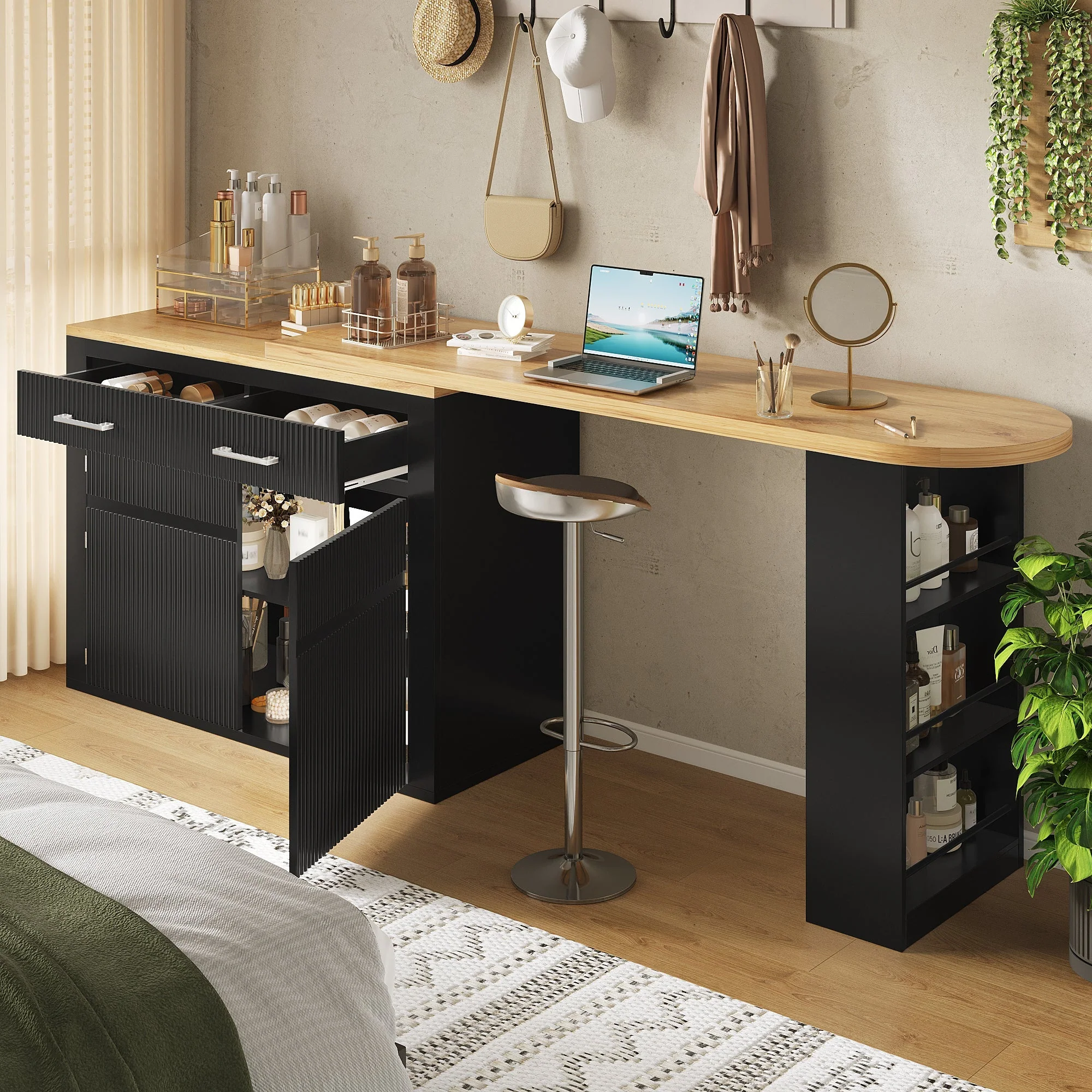 Extendable Bar Table Telescopic Storage Drawer Shelves - Black - Image 2