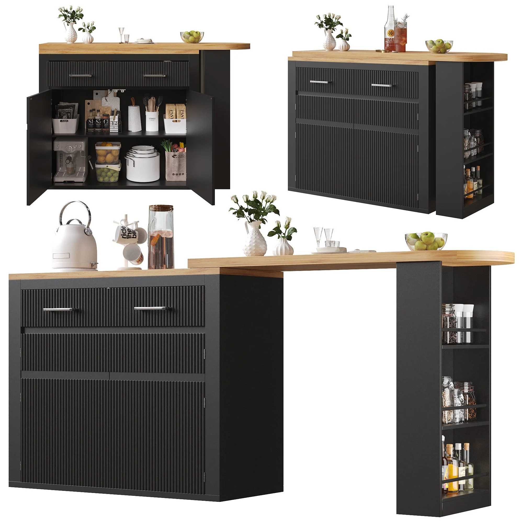 Extendable Bar Table Telescopic Storage Drawer Shelves - Black - Image 8