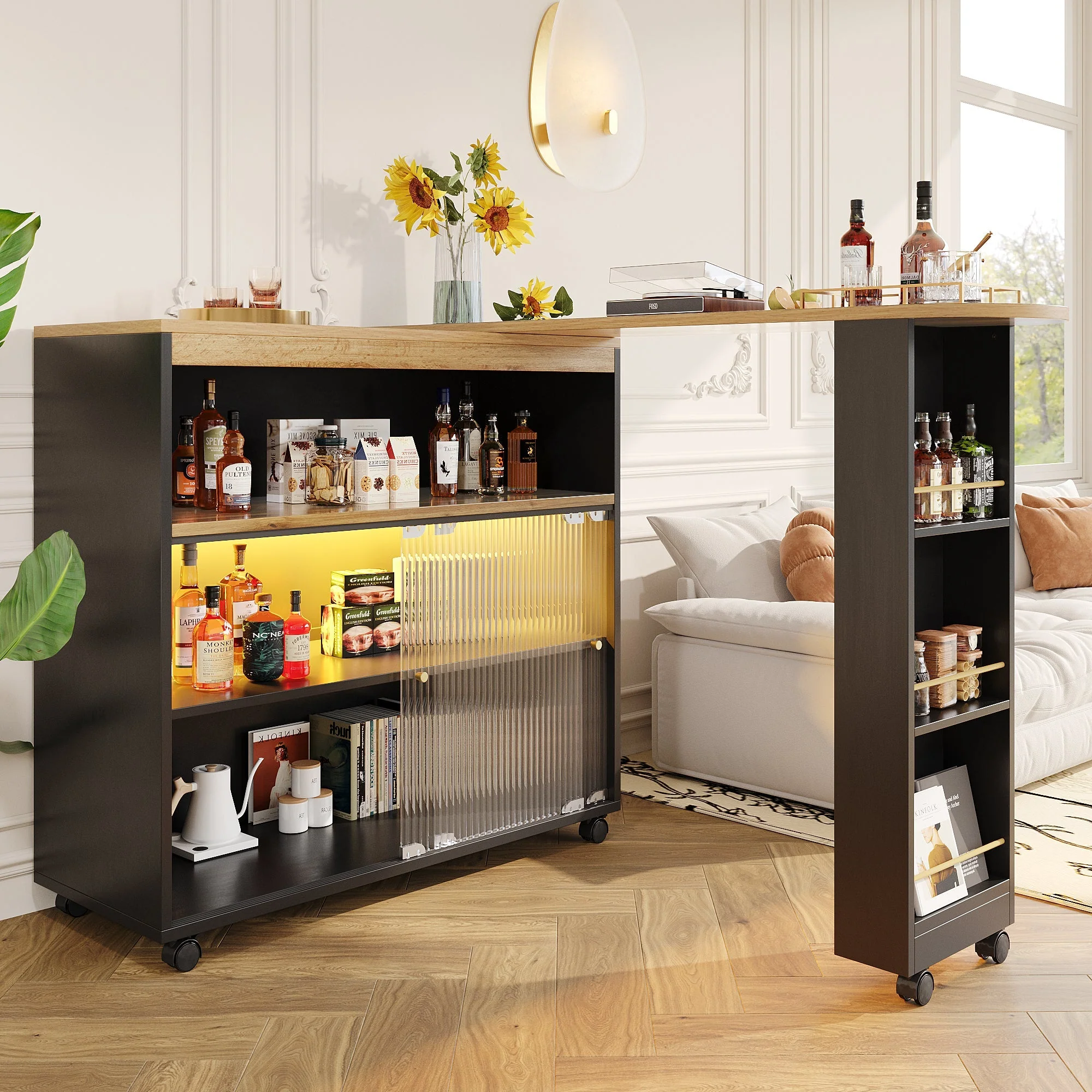 Extendable Bar Table Telescopic with LED Light Storage Cabinet Black - Image 3