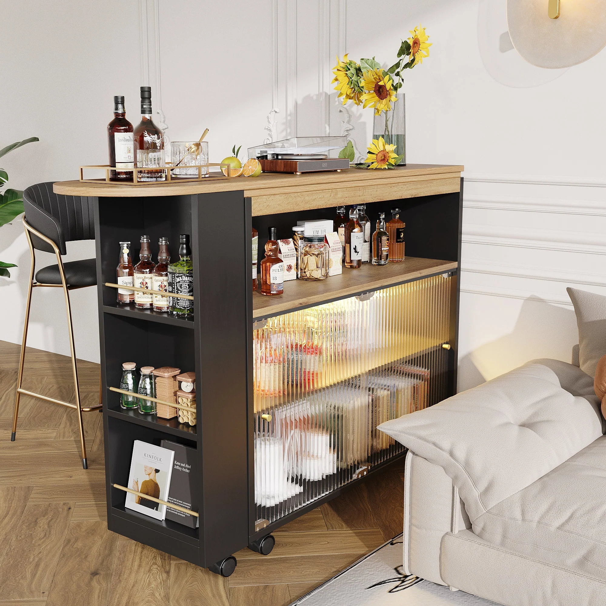 Extendable Bar Table Telescopic with LED Light Storage Cabinet Black - Image 4