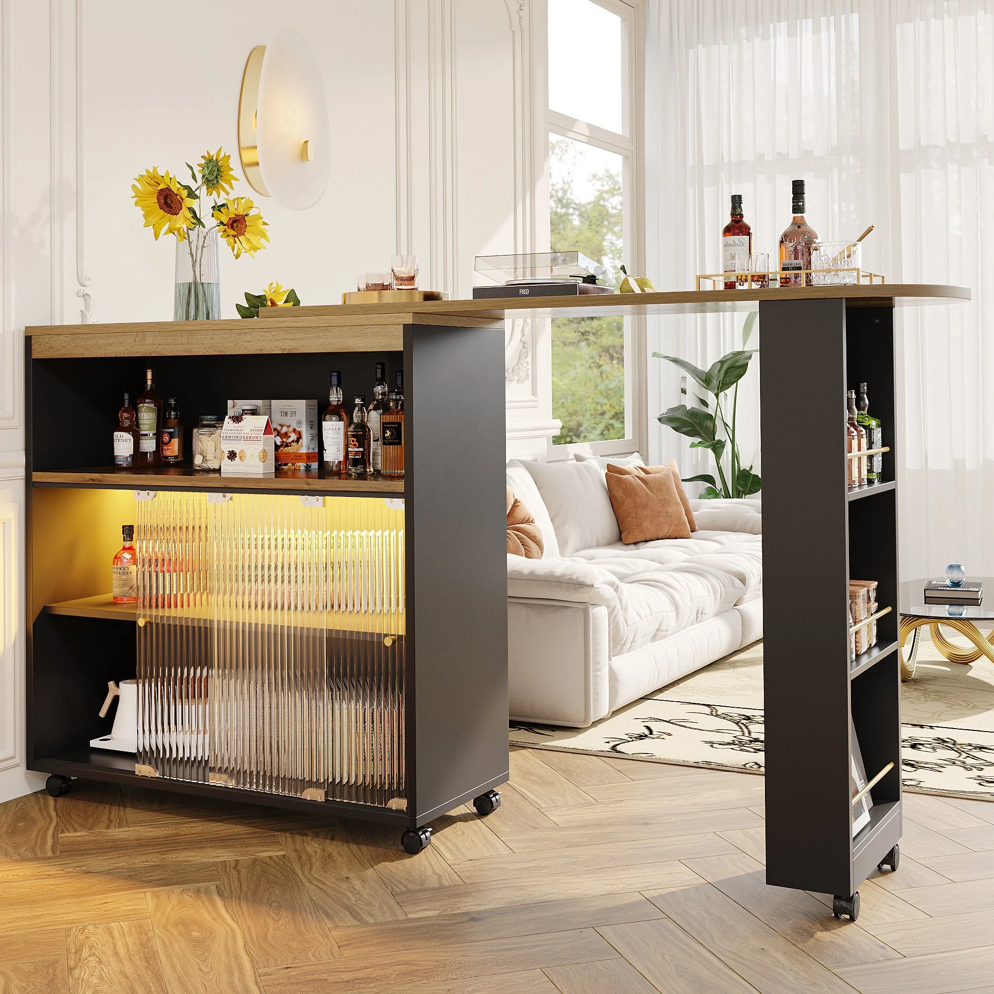 Extendable Bar Table Telescopic with LED Light Storage Cabinet Black - Image 5