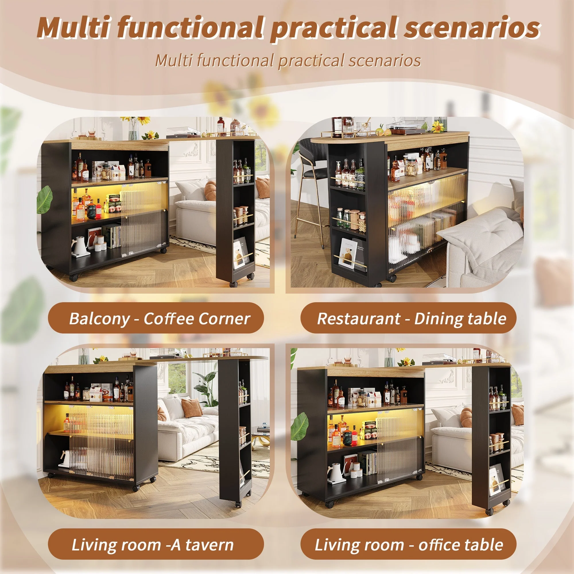 Extendable Bar Table Telescopic with LED Light Storage Cabinet Black - Image 6