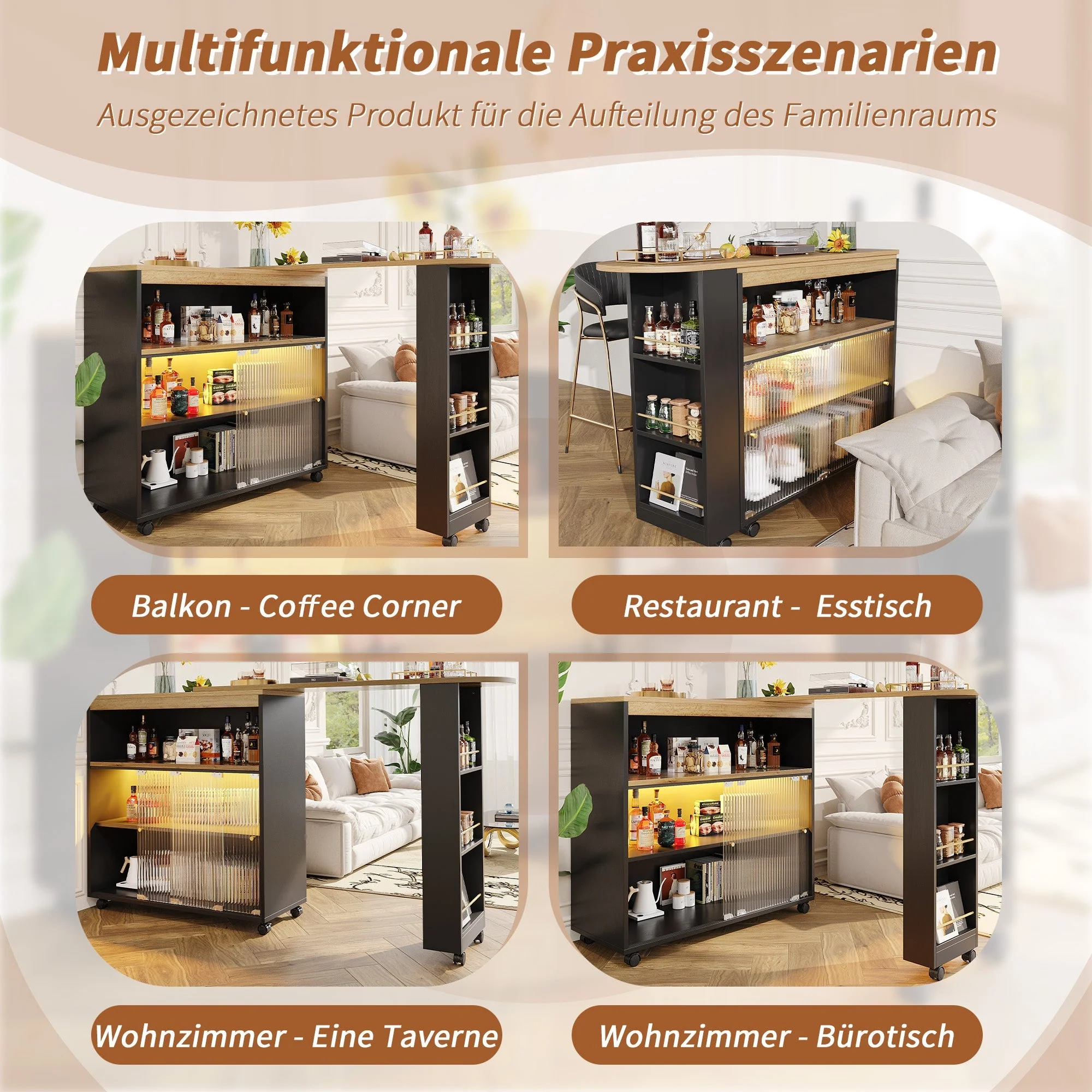 Extendable Bar Table Telescopic with LED Light Storage Cabinet Black - Image 7
