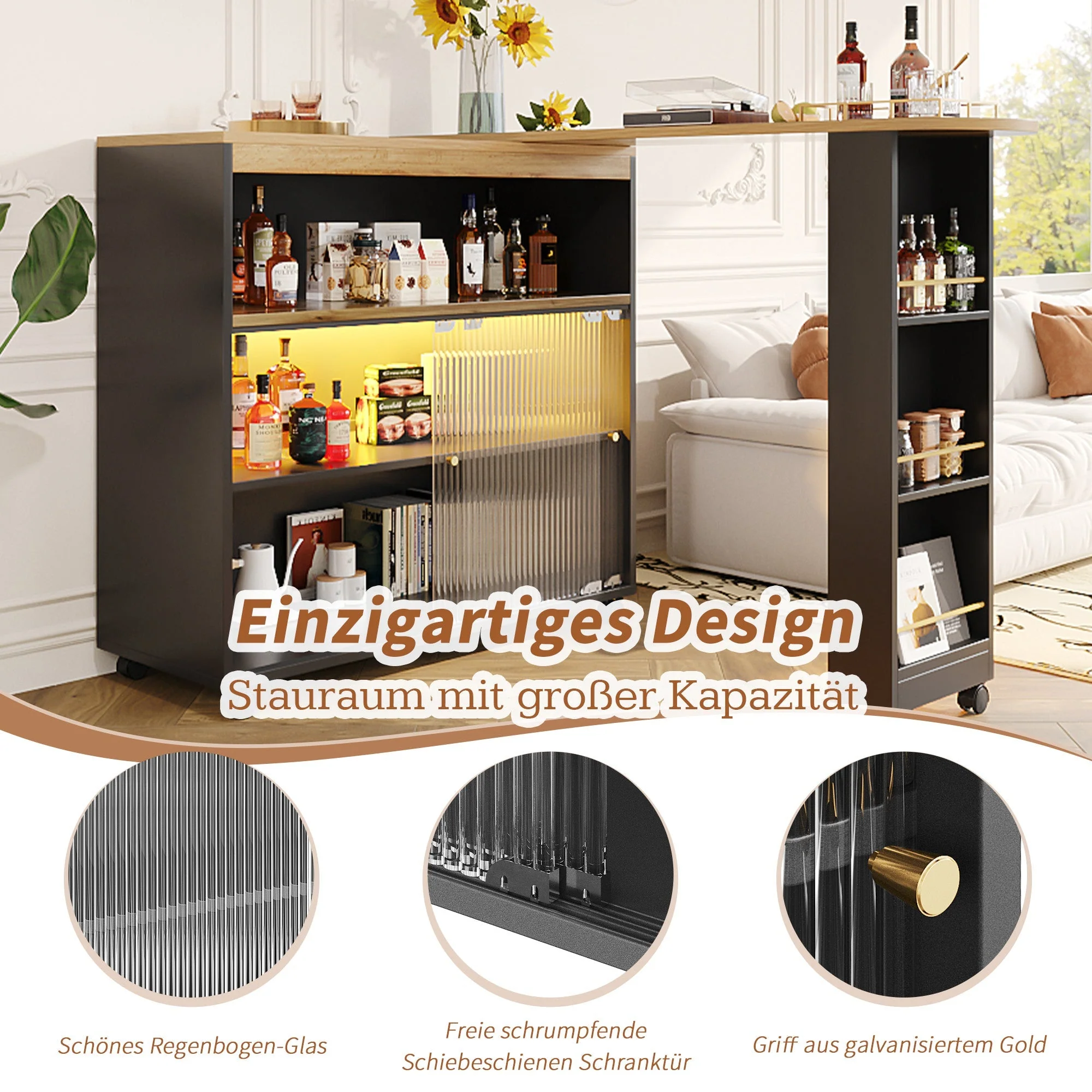 Extendable Bar Table Telescopic with LED Light Storage Cabinet Black - Image 9