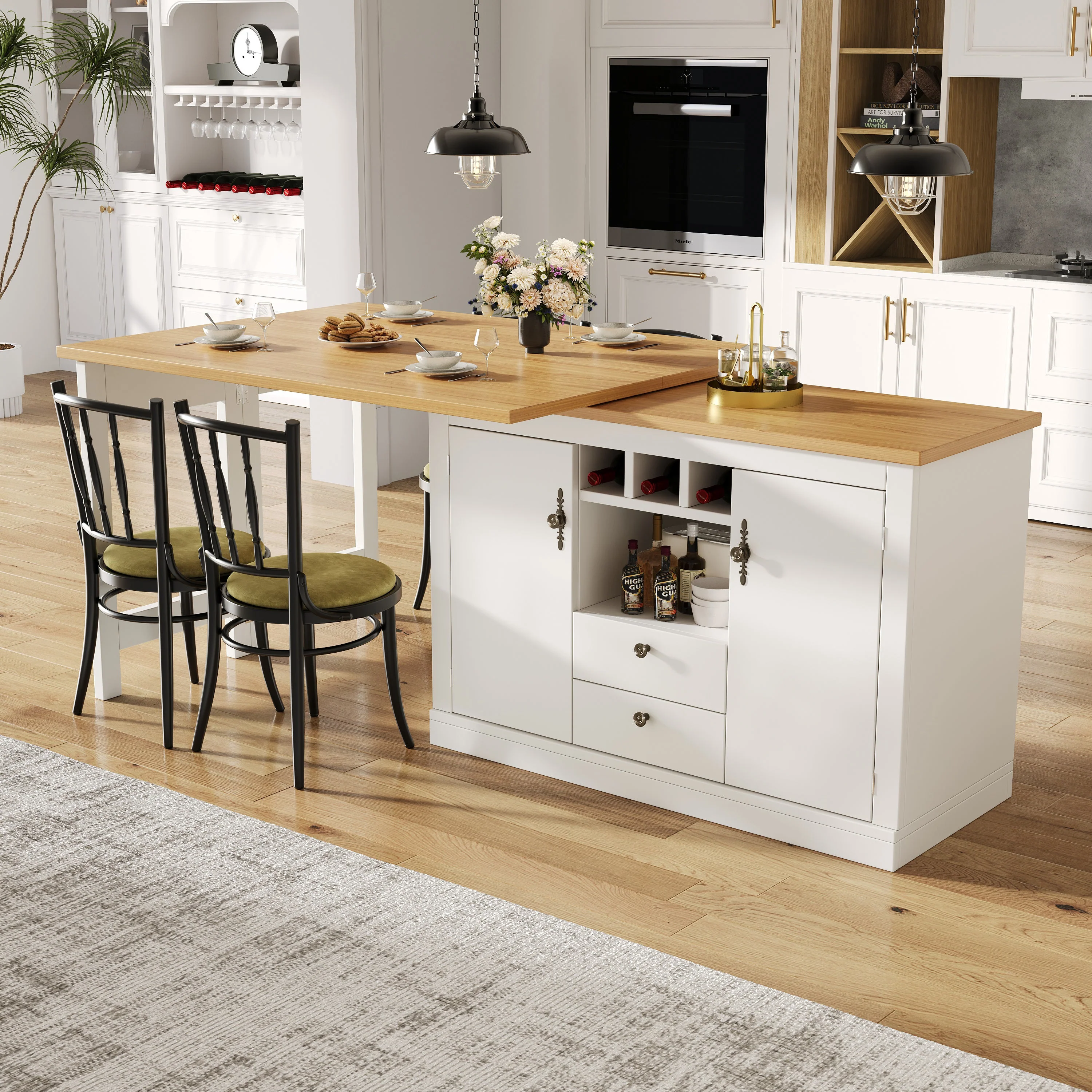 Extendable Bar Table with 360 Swivel and Storage, 120-180cm, White and Black - Image 3