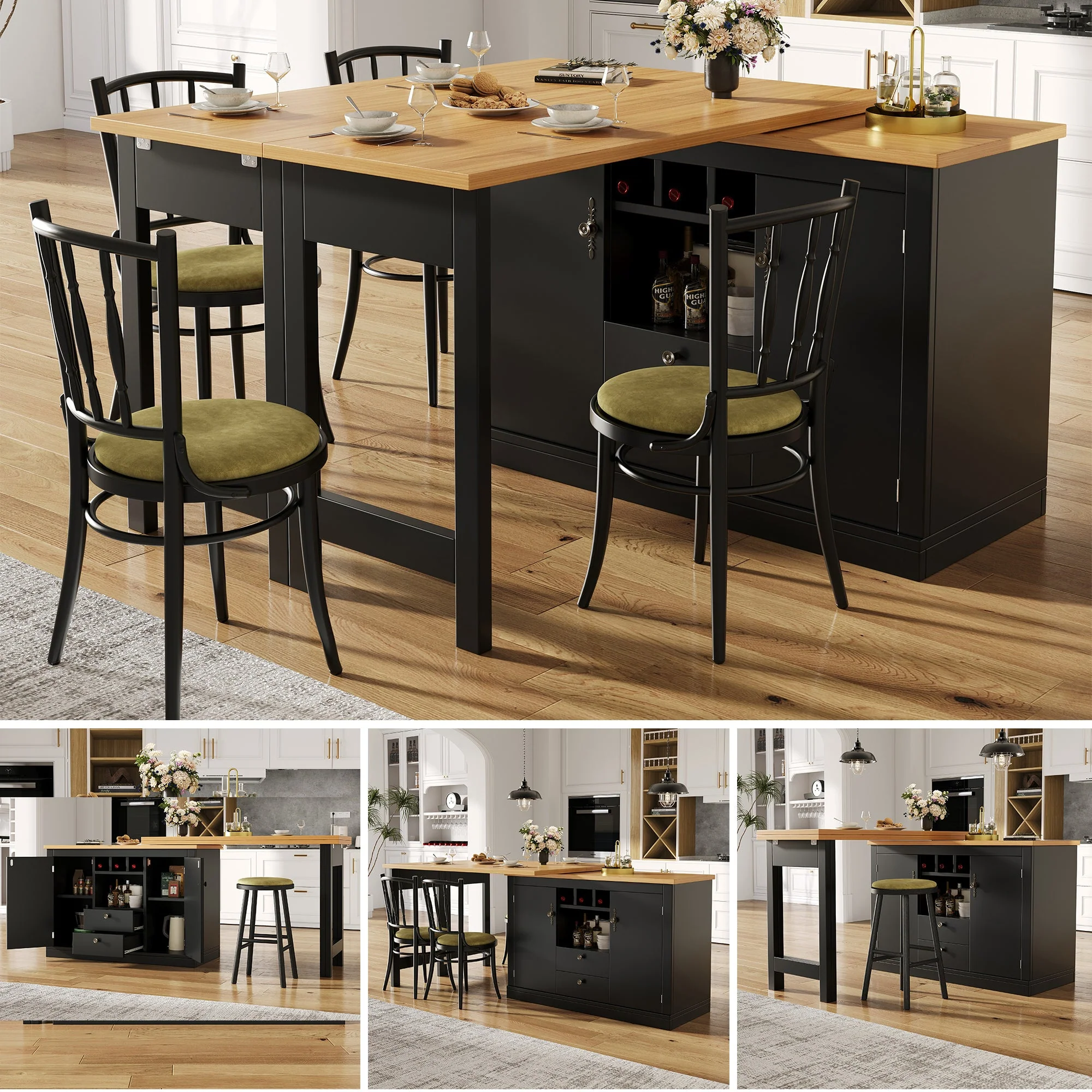 Extendable Bar Table with 360 Swivel Function and Storage Space, 120-180cm, Black