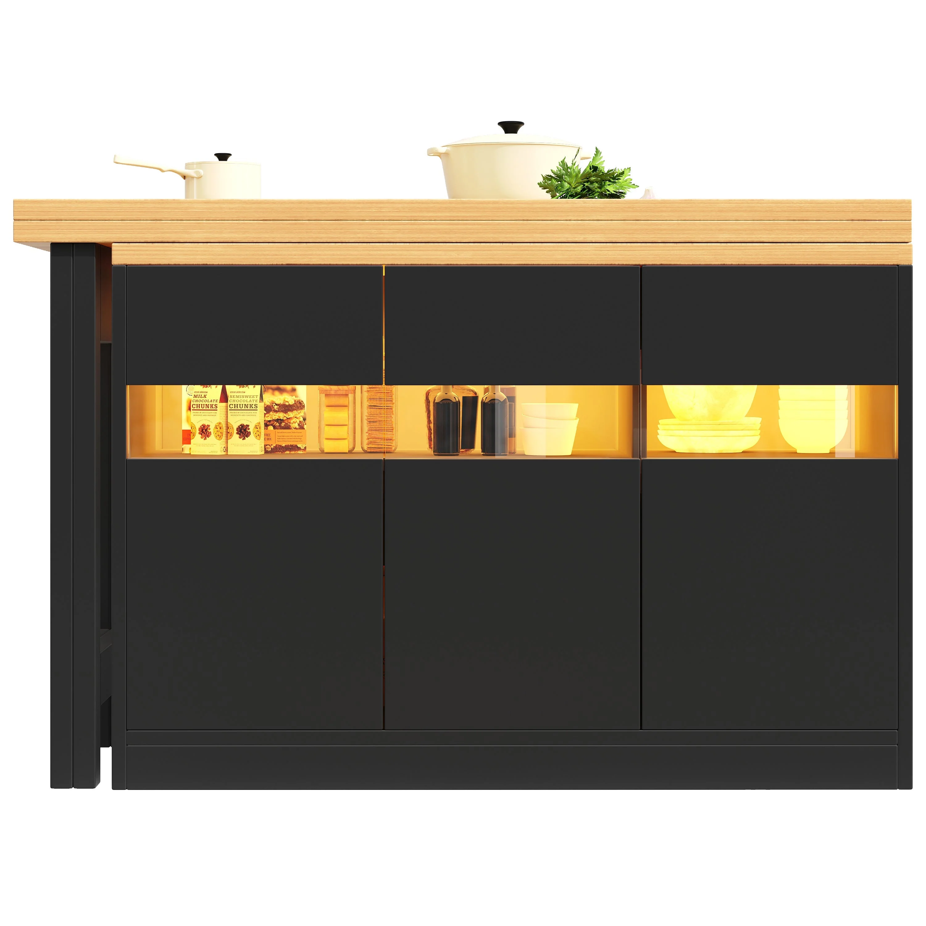 Extendable Bar Table with LED Lighting and 360° Swivel, 120-180cm Kitchen Island with Storage, MDF - Image 10