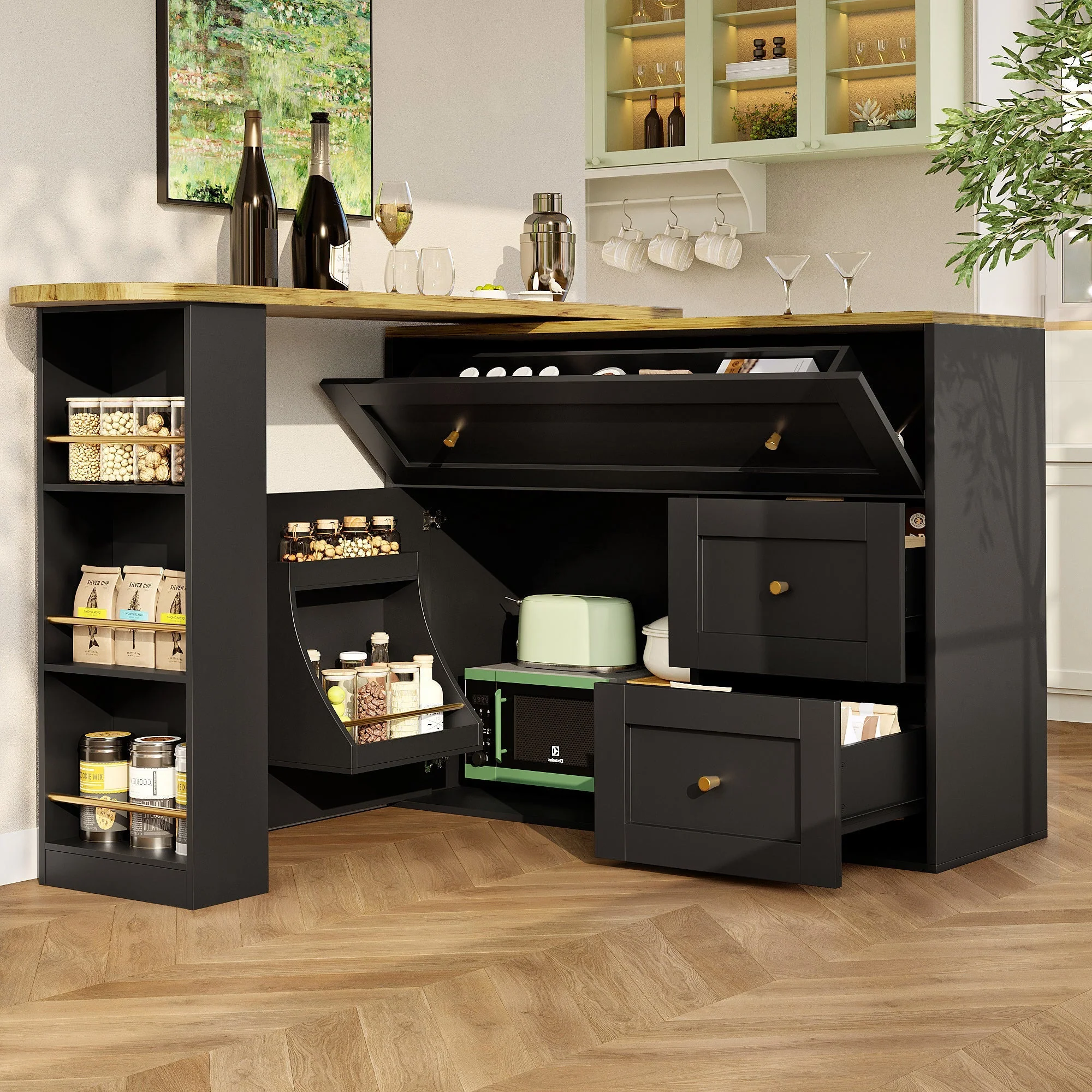 Extendable Bar Table with Storage and Snack Shelf, Black
