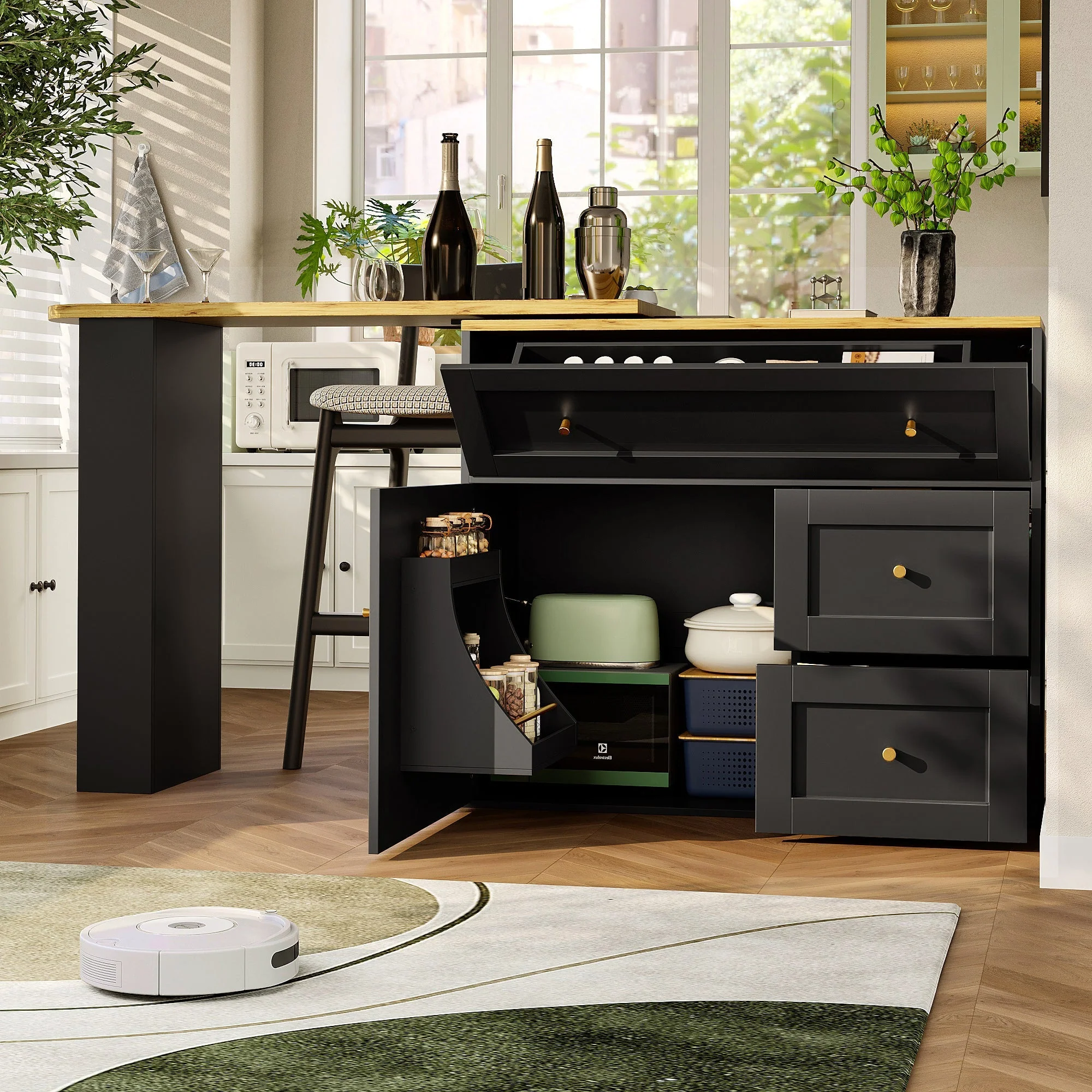Extendable Bar Table with Storage and Snack Shelf, Black - Image 2