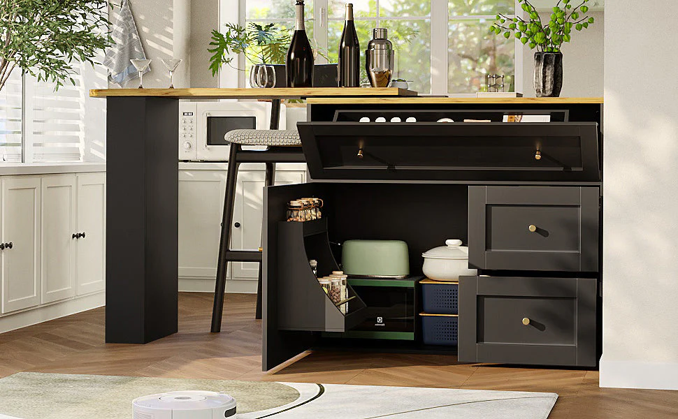 Extendable Bar Table with Storage and Snack Shelf, Black - Image 3