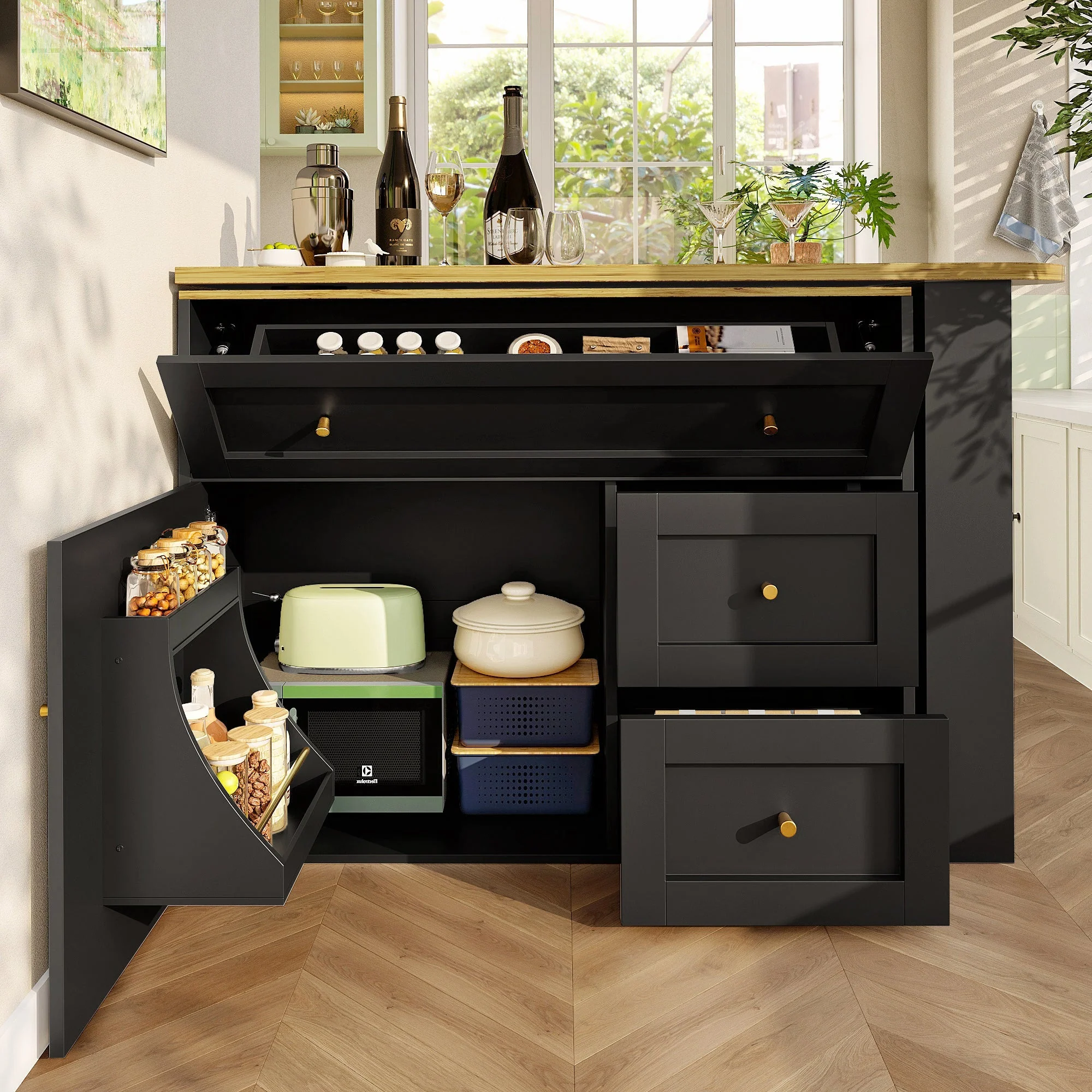 Extendable Bar Table with Storage and Snack Shelf, Black - Image 4