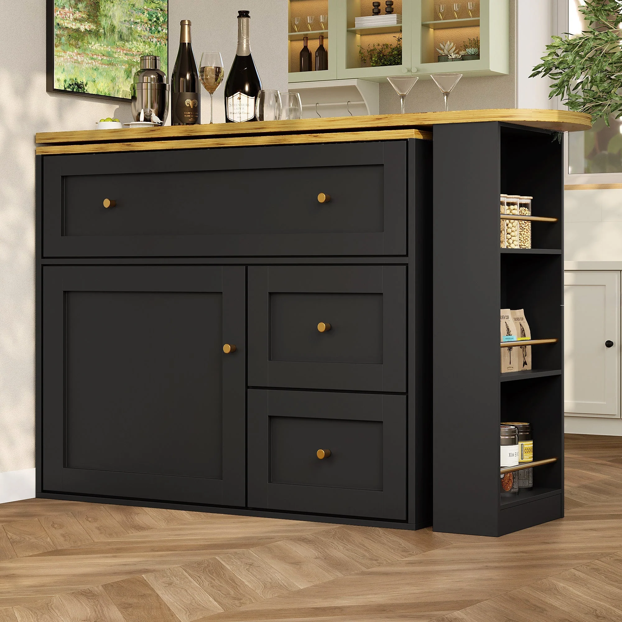 Extendable Bar Table with Storage and Snack Shelf, Black - Image 5
