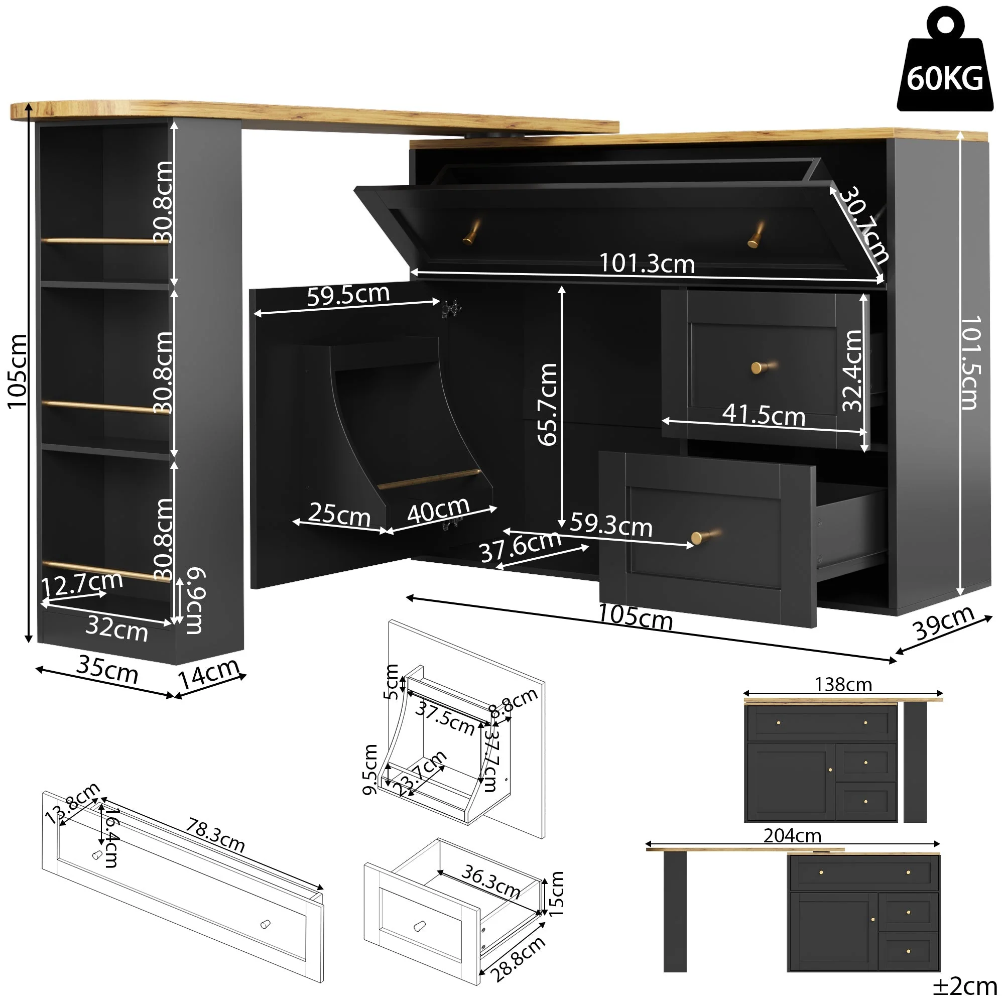 Extendable Bar Table with Storage and Snack Shelf, Black - Image 6