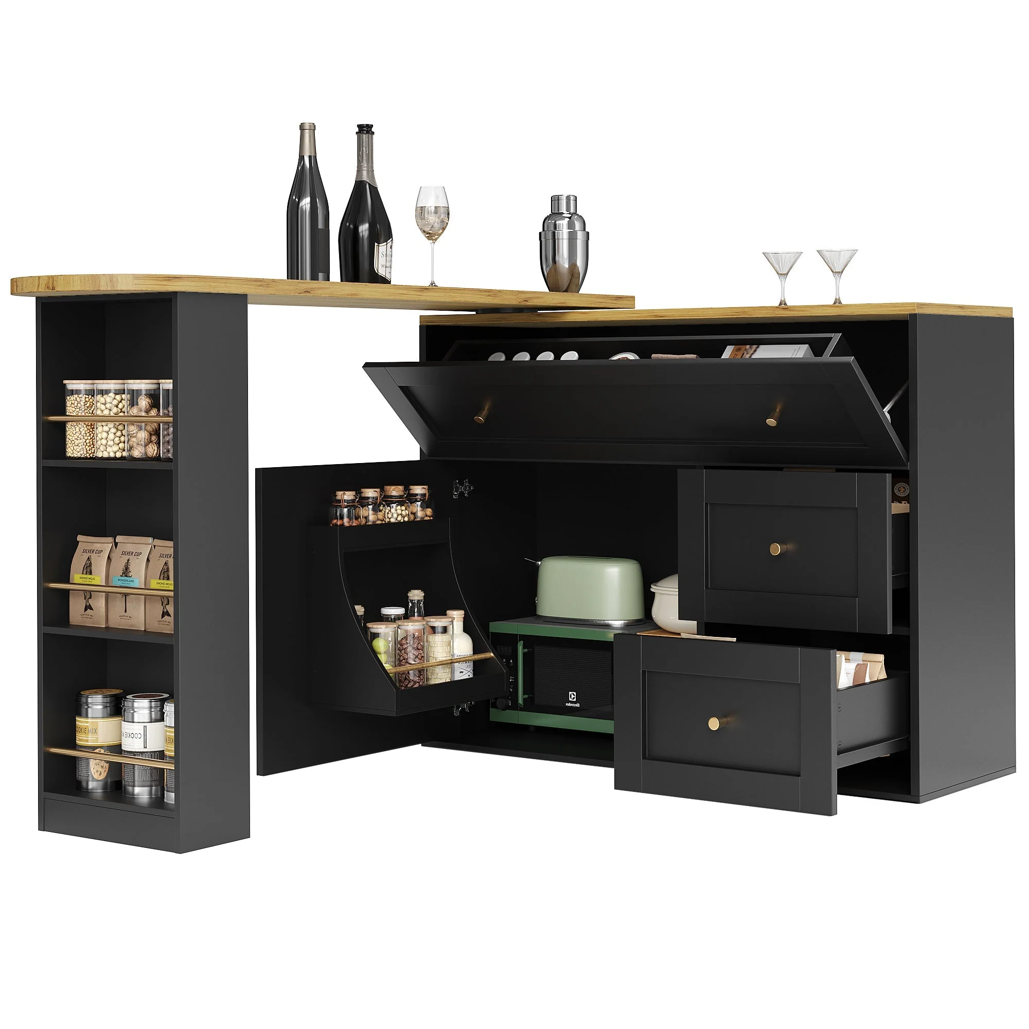 Extendable Bar Table with Storage and Snack Shelf, Black - Image 7