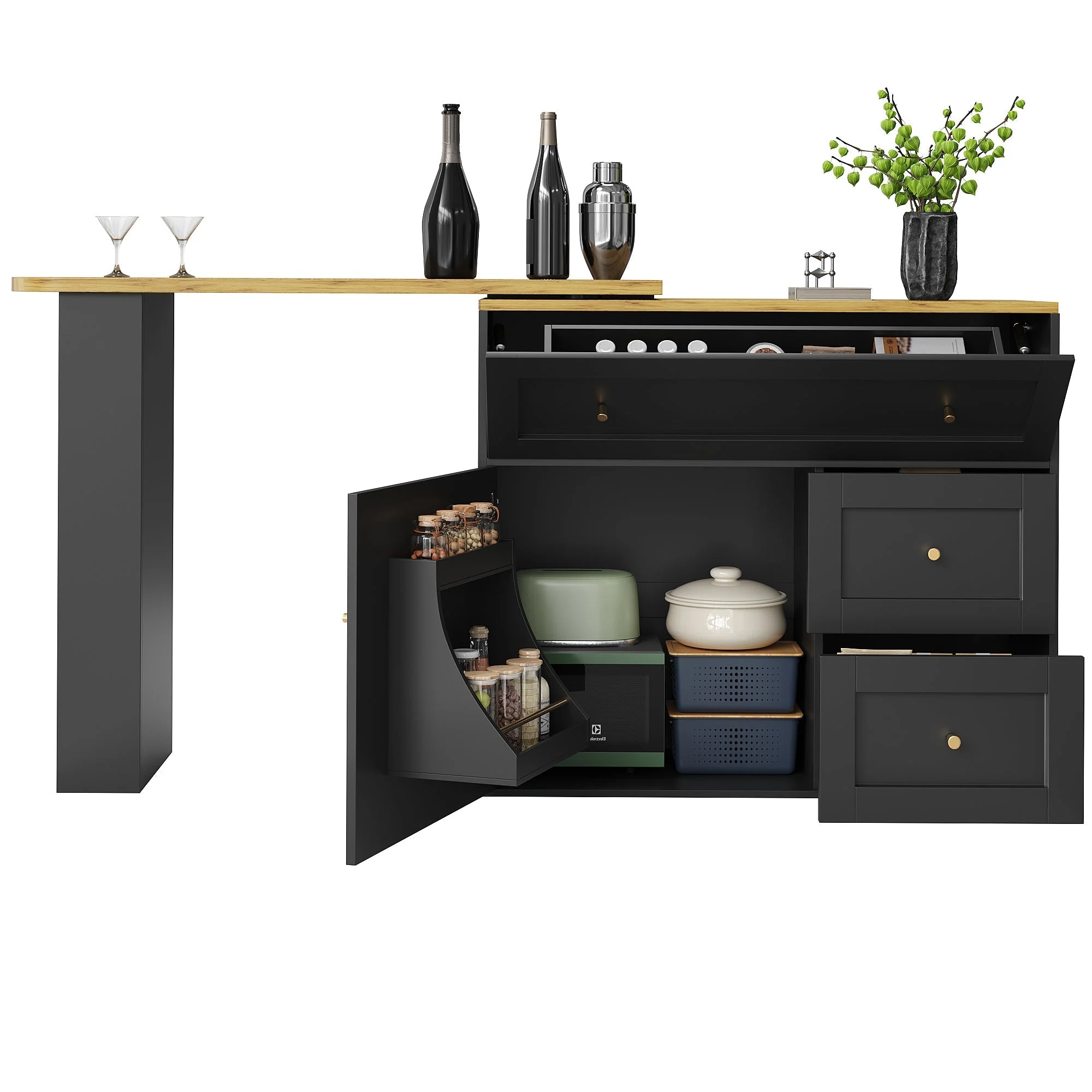Extendable Bar Table with Storage and Snack Shelf, Black - Image 9