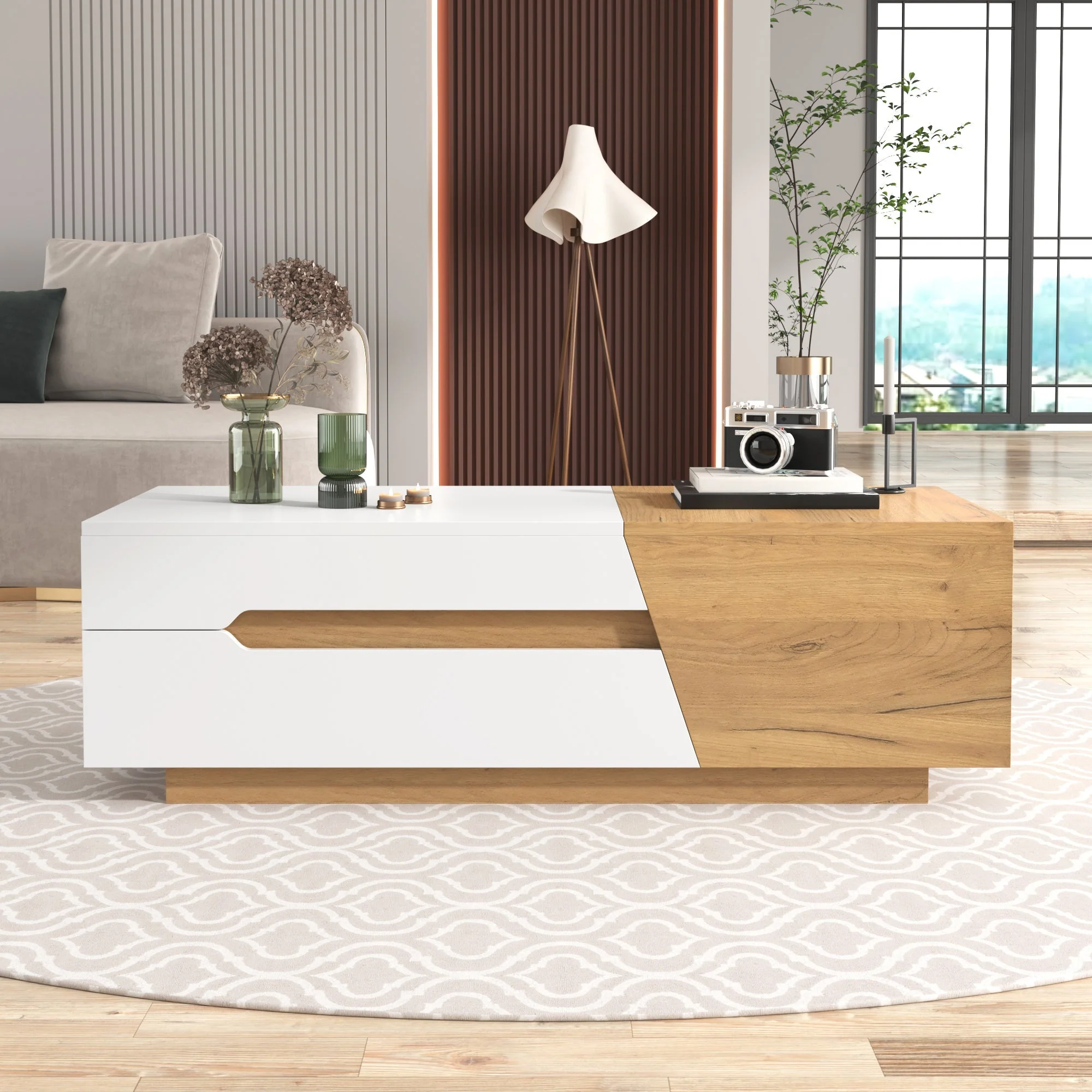 Extendable Coffee Table, Living Room Side Table with Drawers, Color Block Structure - Image 2