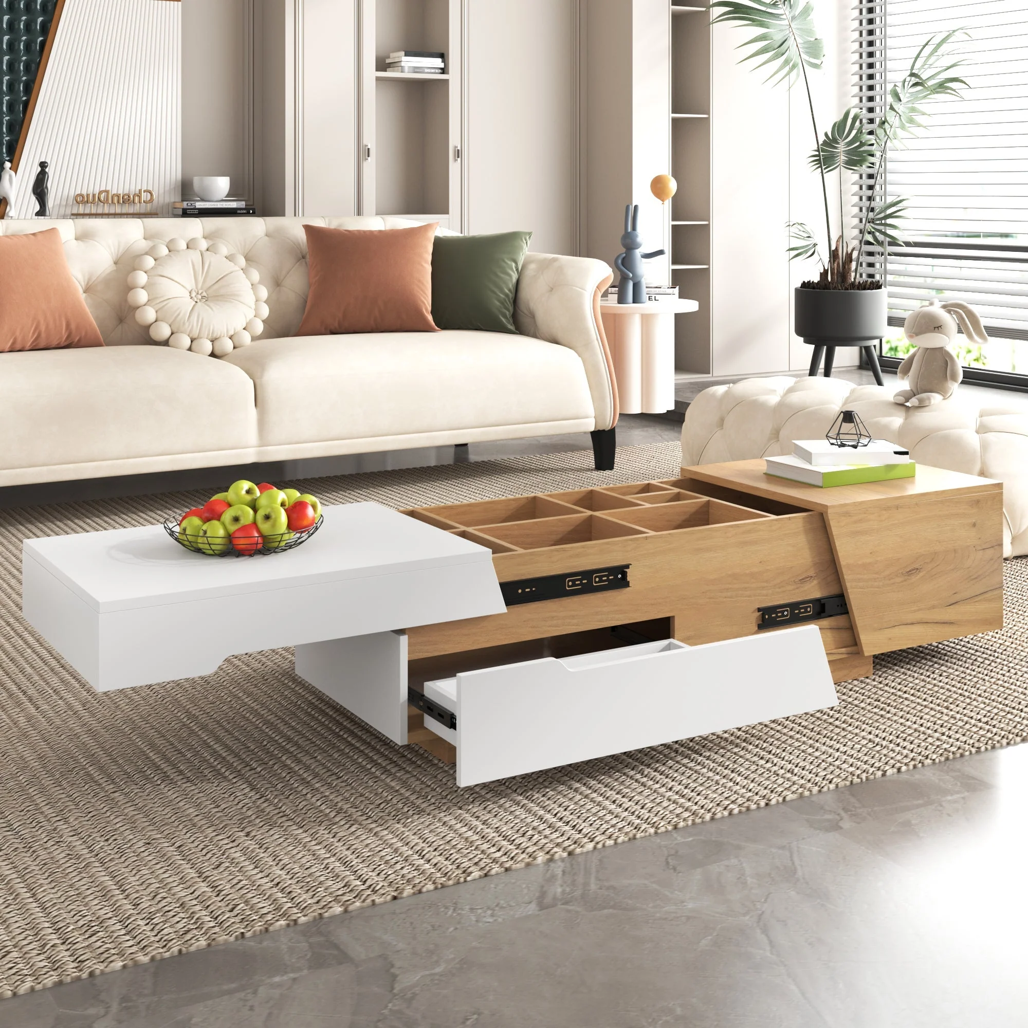 Extendable Coffee Table, Living Room Side Table with Drawers, Color Block Structure - Image 8