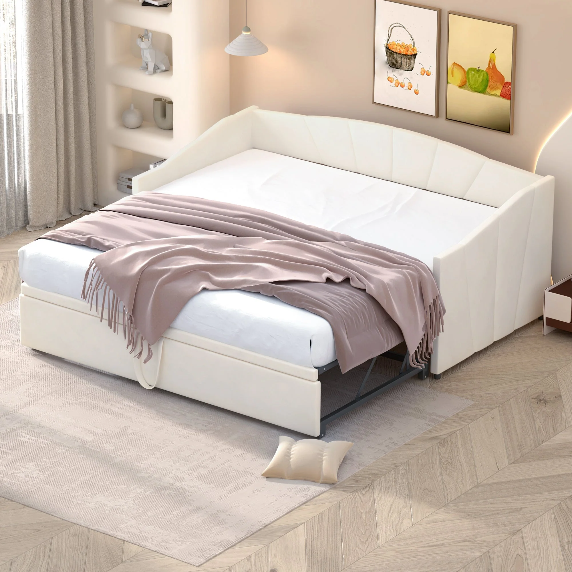 Extendable Daybed 90/180x200cm Multifunctional Slatted Base - Velvet Beige - Image 5