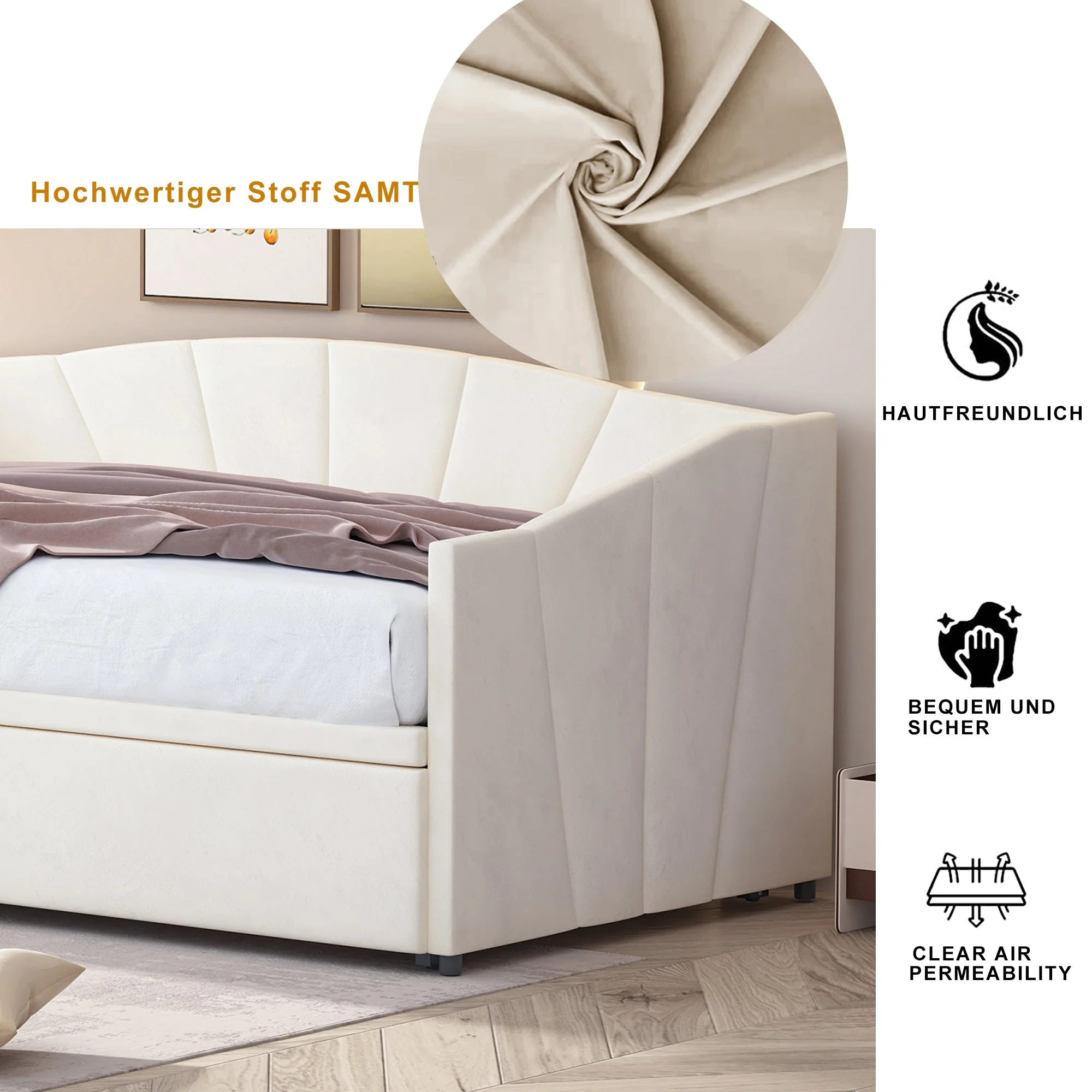 Extendable Daybed 90/180x200cm Multifunctional Slatted Base - Velvet Beige - Image 7