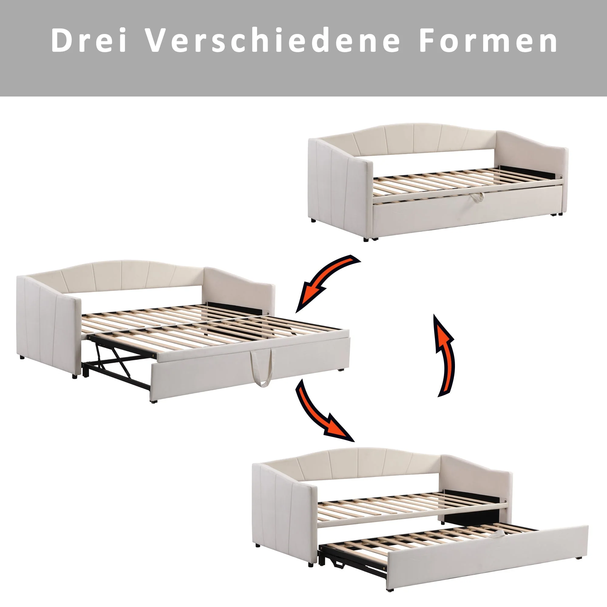 Extendable Daybed 90/180x200cm Multifunctional Slatted Base - Velvet Beige - Image 8