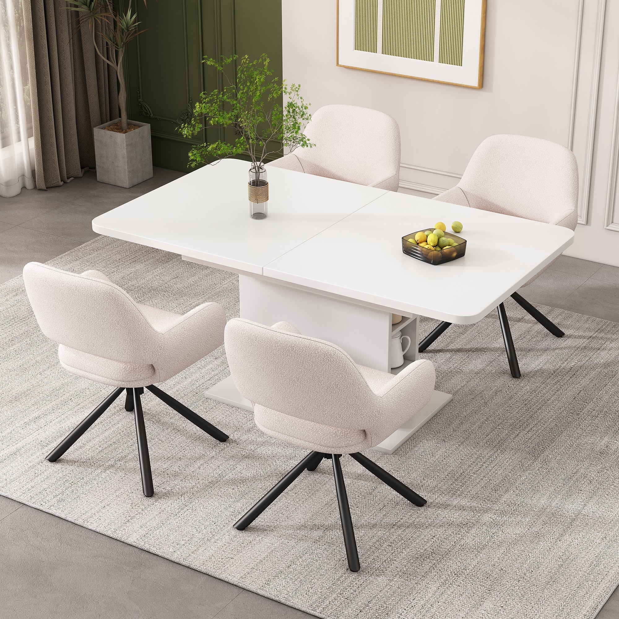 Extendable Dining Set with 4 Sherpa Chairs and Storage, Rectangular, White - Image 2