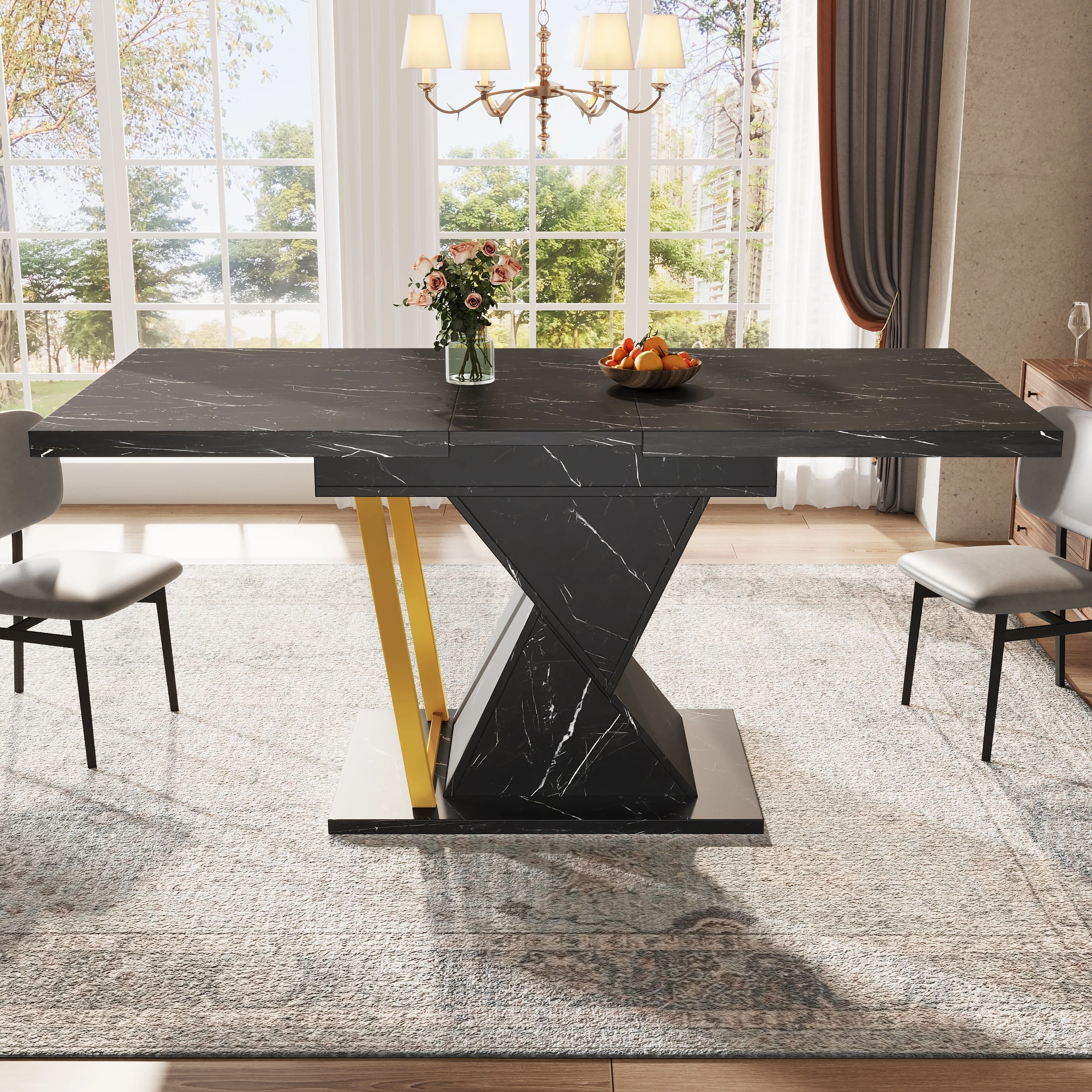 Extendable Dining Table 110-140x80cm 6 Seater Wood - Black - Image 2