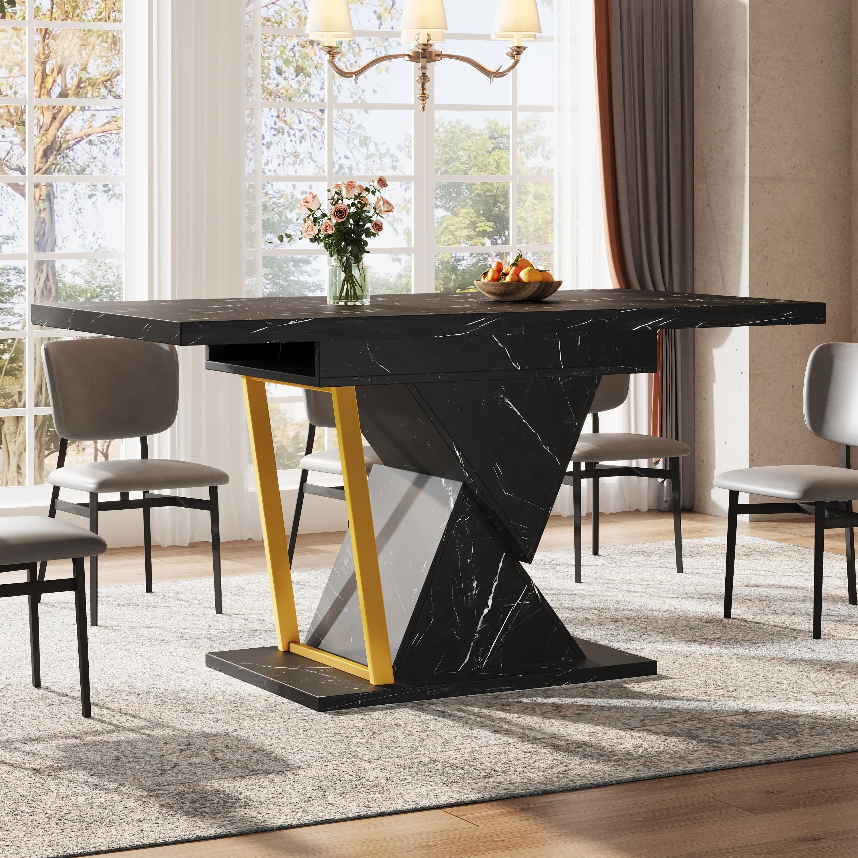 Extendable Dining Table 110-140x80cm 6 Seater Wood - Black - Image 3