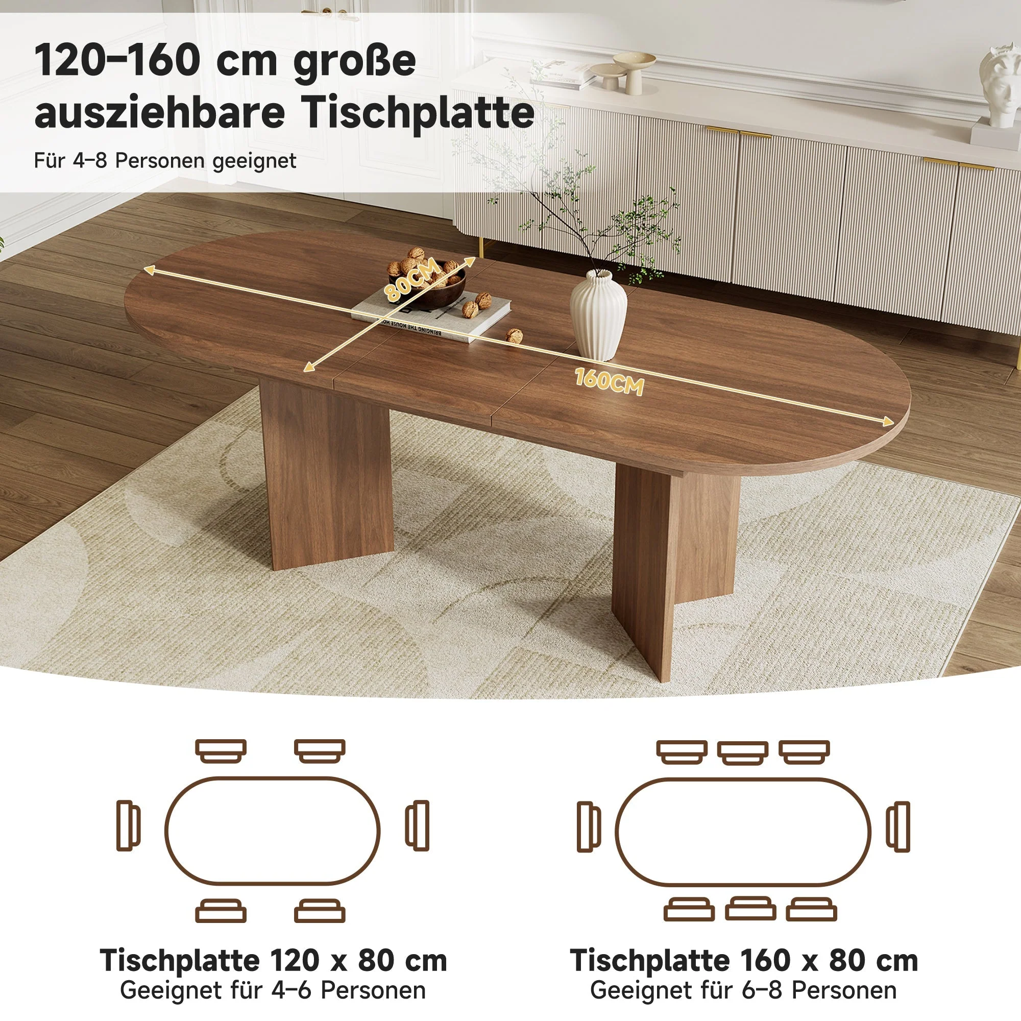 Extendable Dining Table, 120/160 x 80 cm for 4-6 People with Rounded Corners, Walnut - Image 5