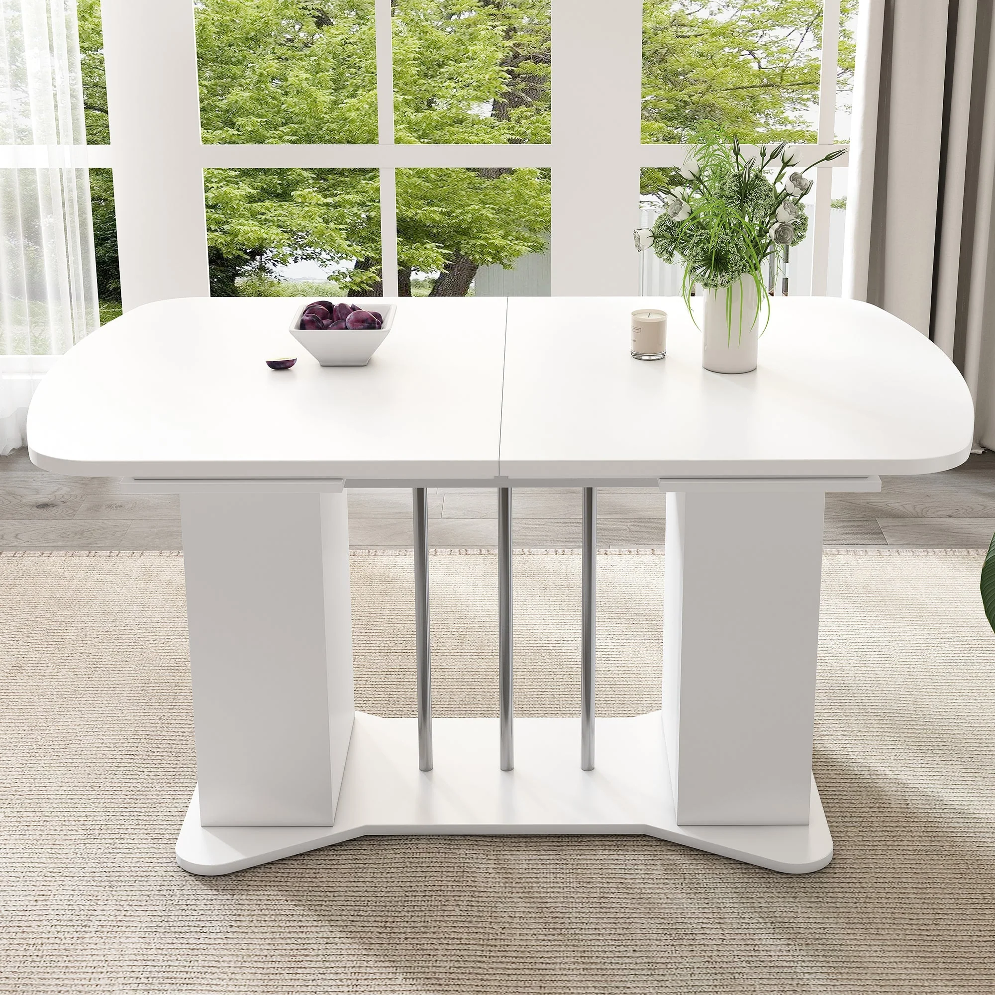 Extendable Dining Table 120/160x80cm Modern Storage - White/Silver Legs - Image 4