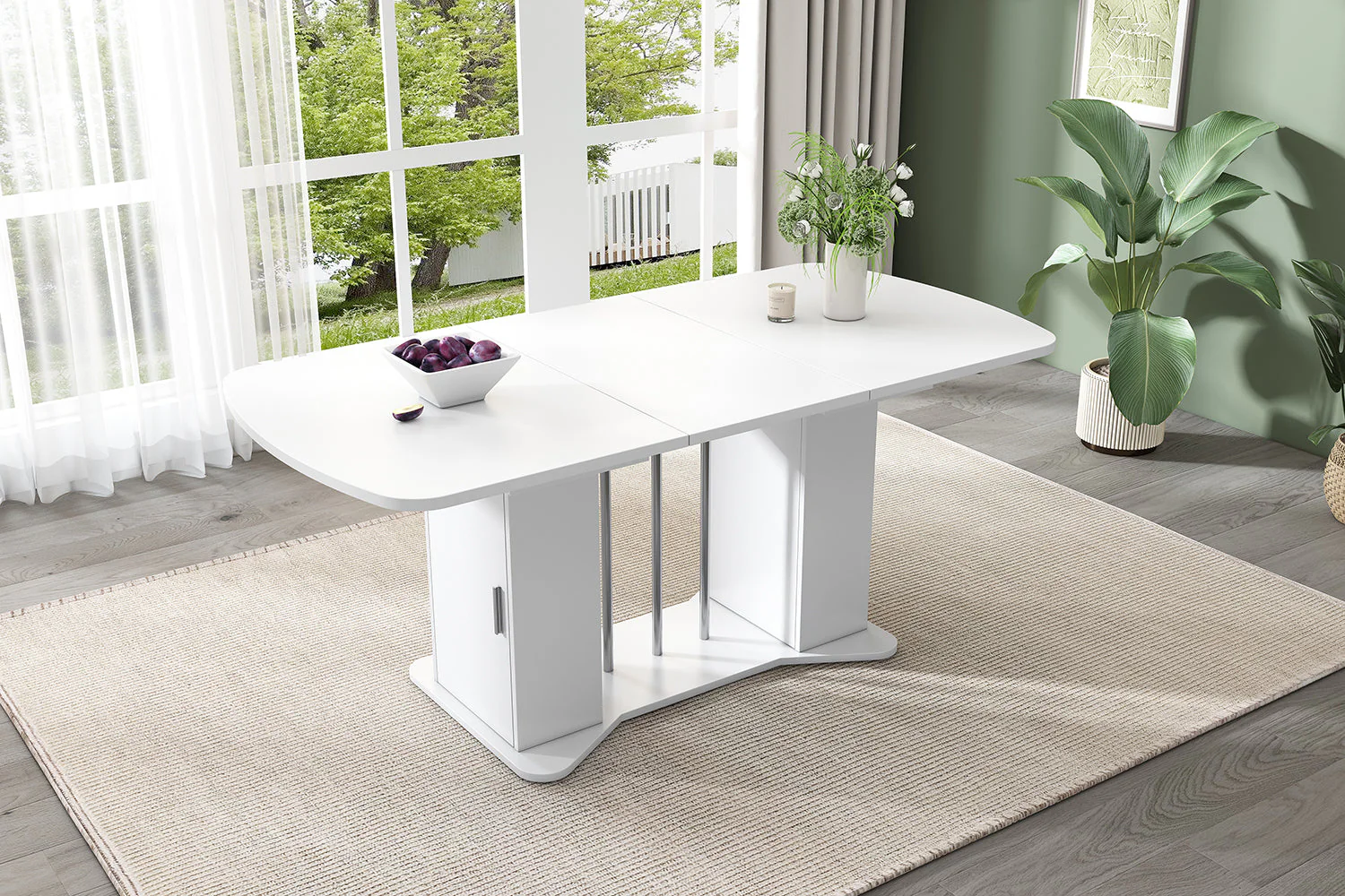 Extendable Dining Table 120/160x80cm Modern Storage - White/Silver Legs - Image 6