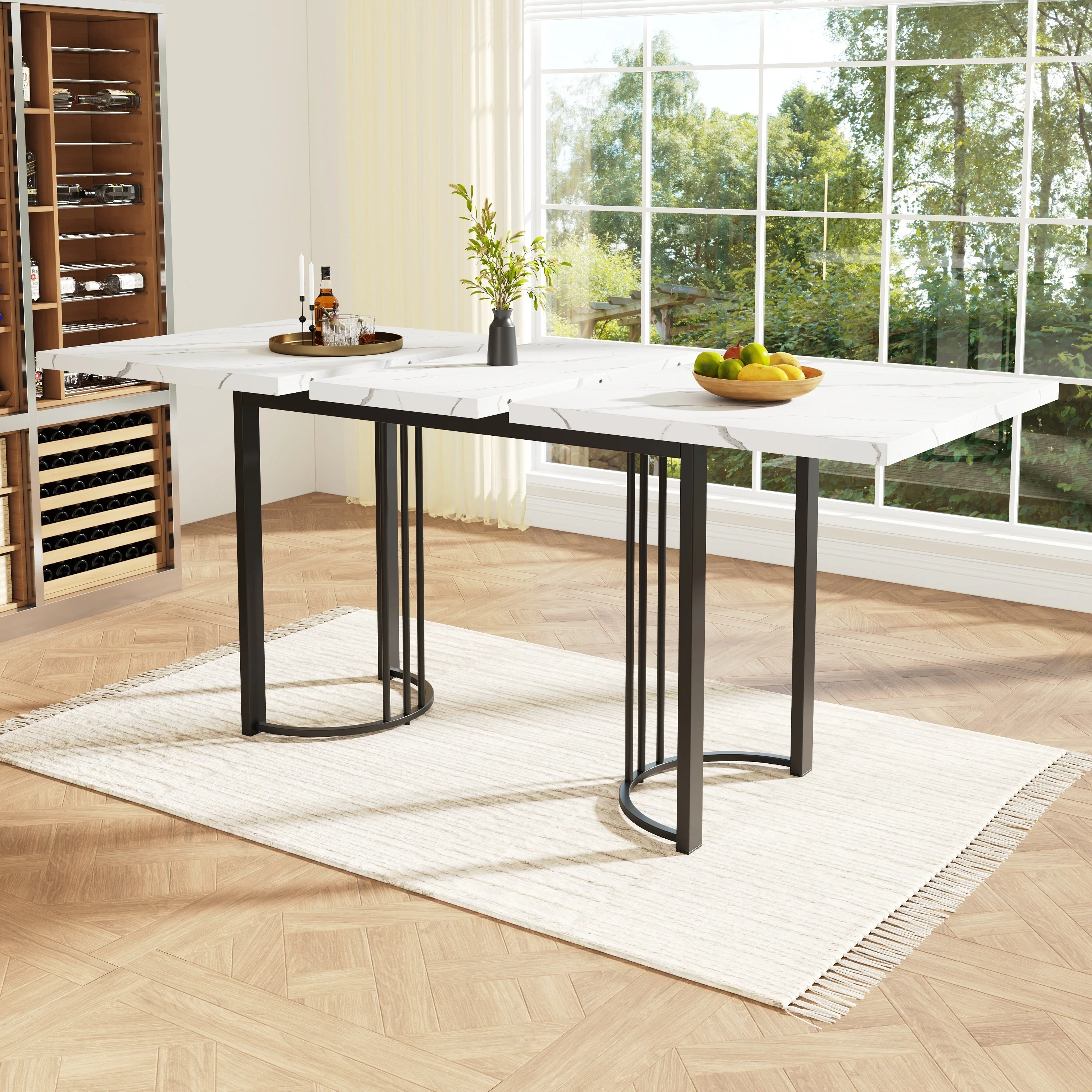 Extendable Dining Table 140-179.5cm Rectangular Metal Frame - White/Black - Image 2
