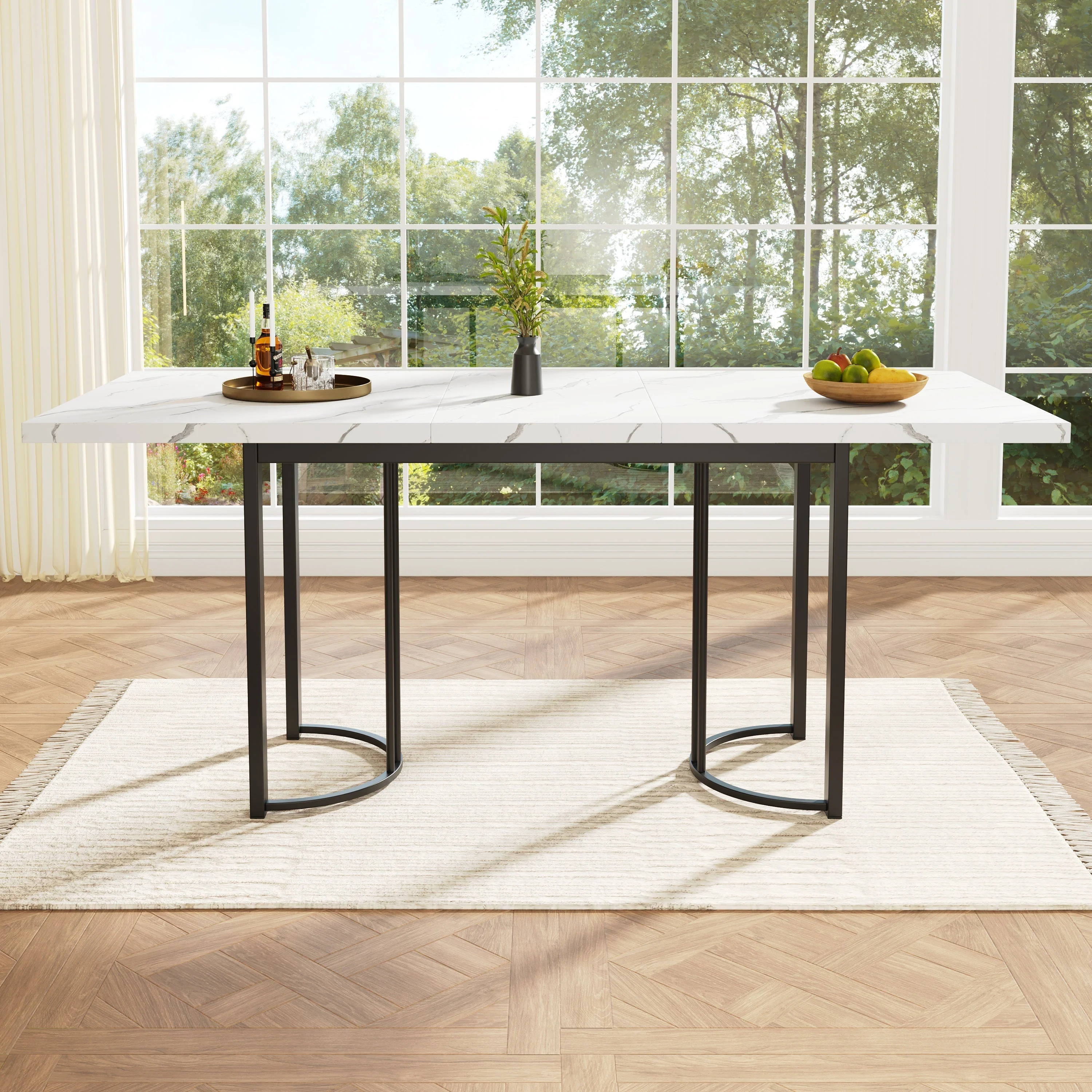Extendable Dining Table 140-179.5cm Rectangular Metal Frame - White/Black - Image 3