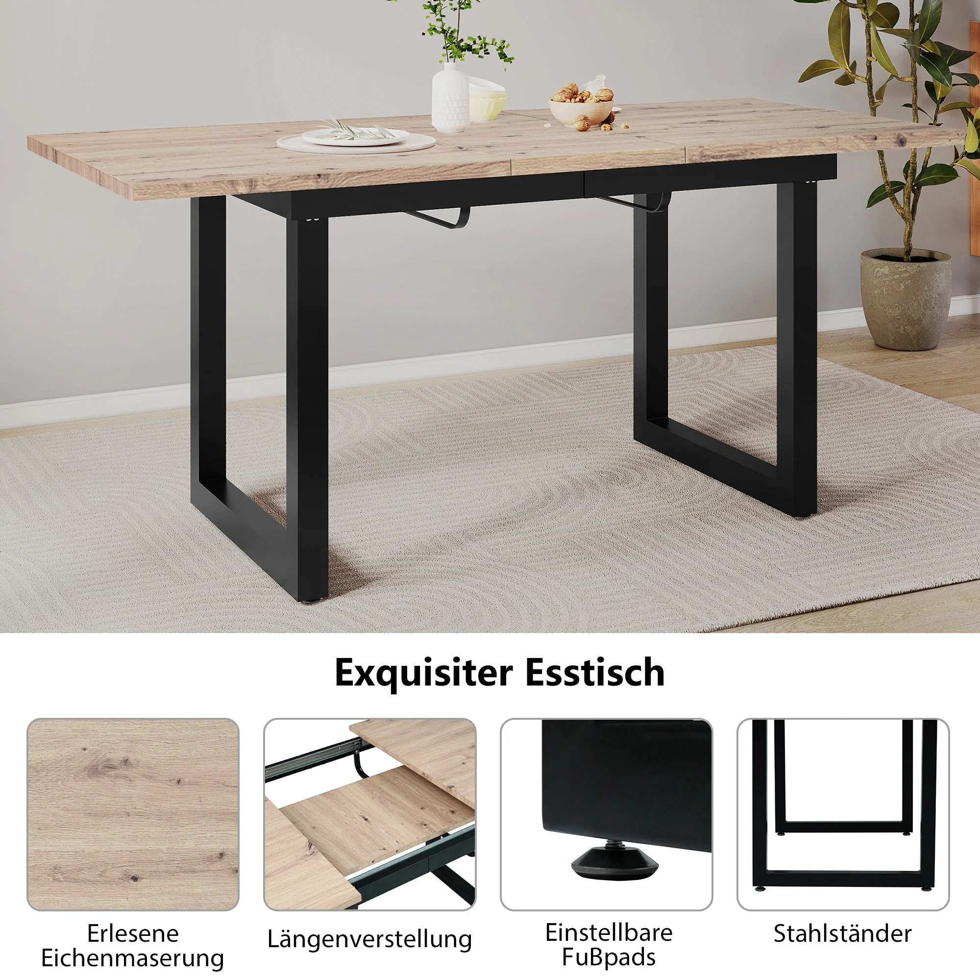 Extendable Dining Table 140/180cm Rectangular Industrial Foldable - Oak Look/Black - Image 6