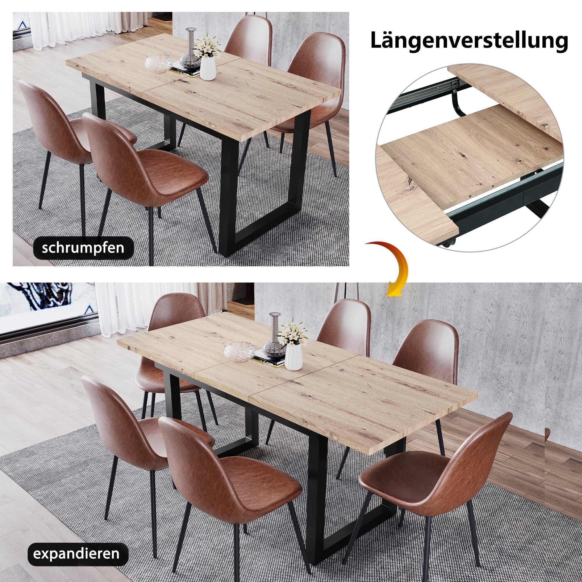 Extendable Dining Table 140/180cm Rectangular Industrial Foldable - Oak Look/Black - Image 7