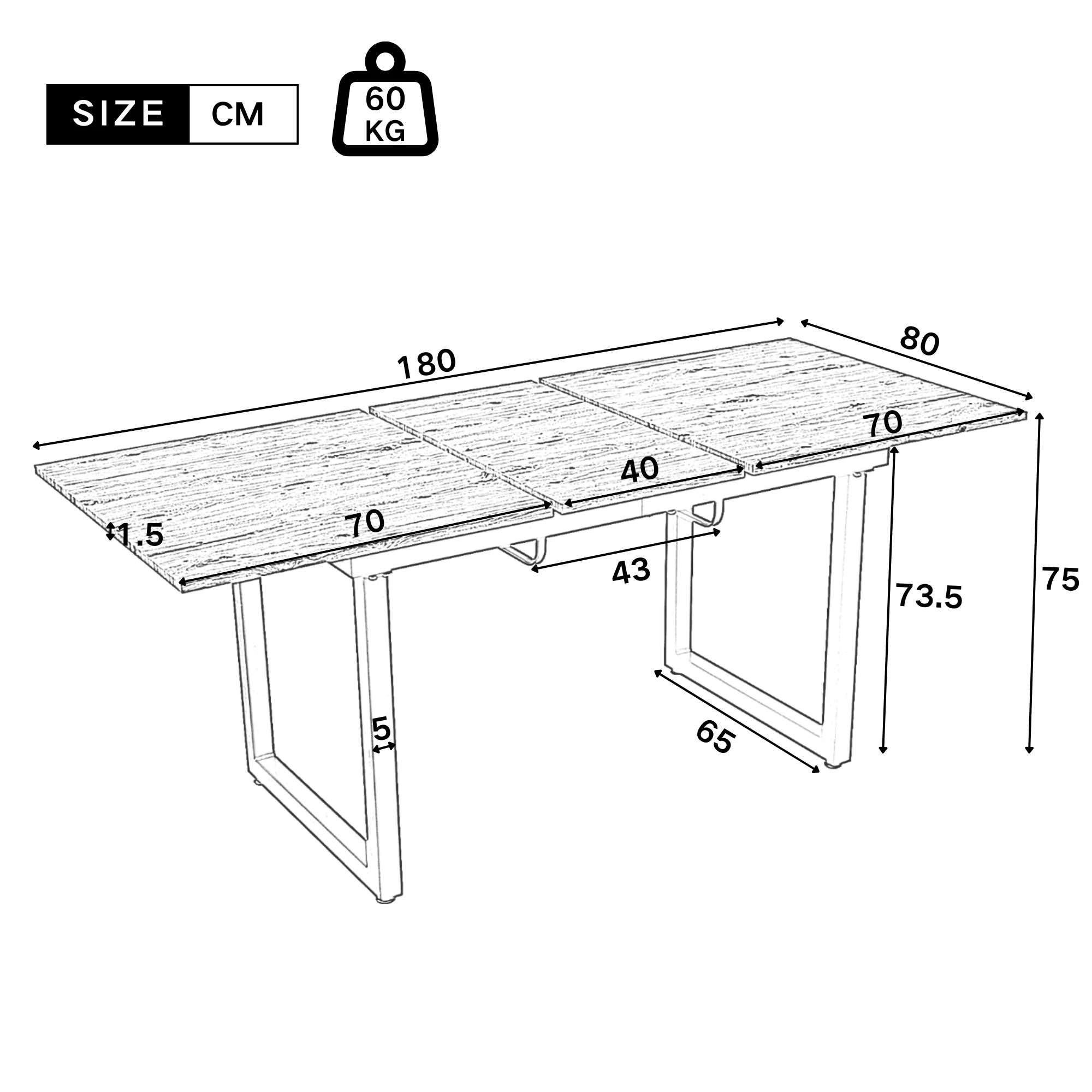 Extendable Dining Table 140/180cm Rectangular Industrial Foldable - Oak Look/Black - Image 8
