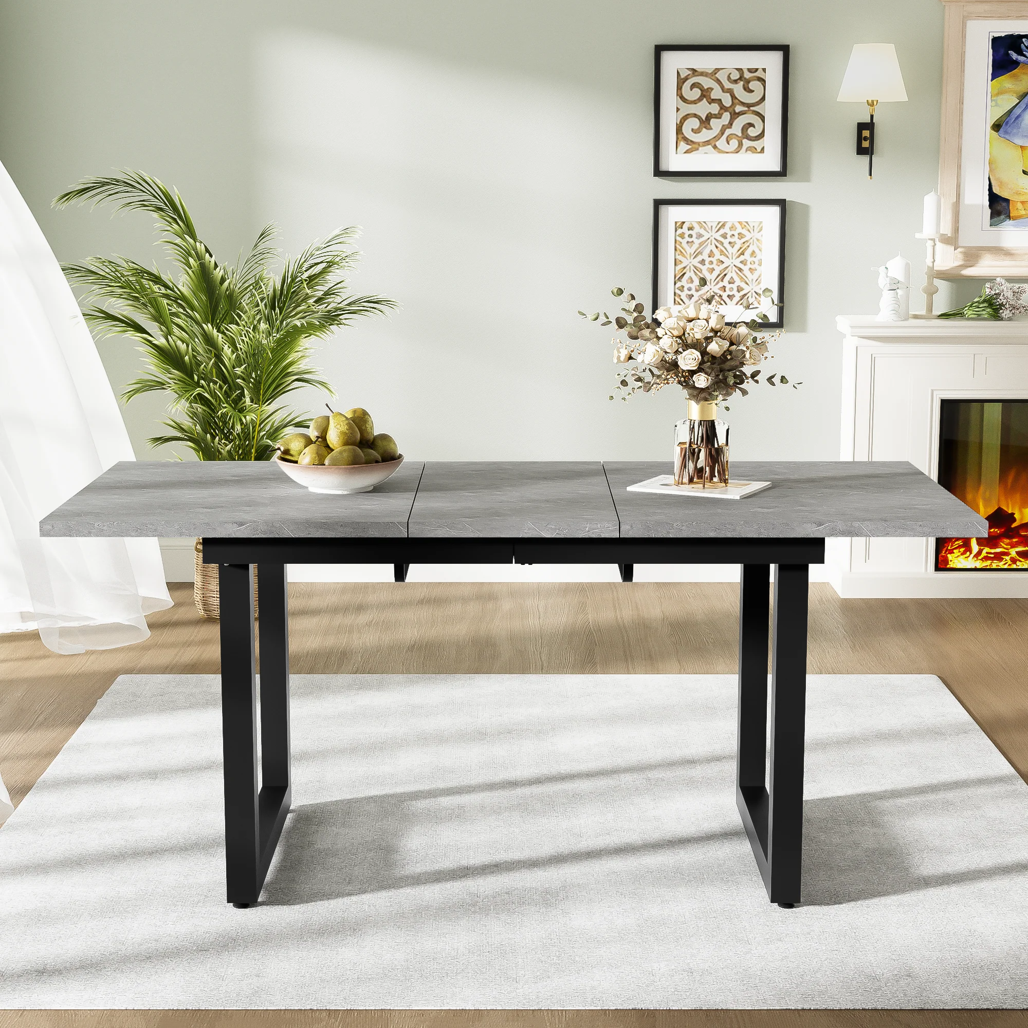 Extendable Dining Table 140/180cm Rectangular Industrial Style - Concrete Look/Black - Image 3