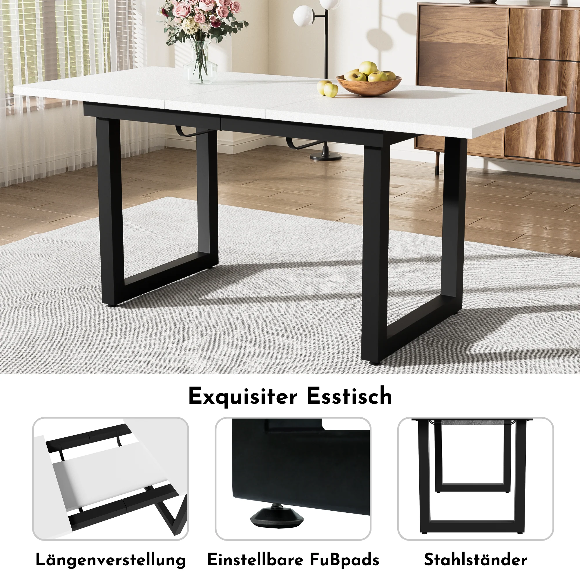 Extendable Dining Table 140/180cm Rectangular Industrial Style MDF White/Black - Image 4