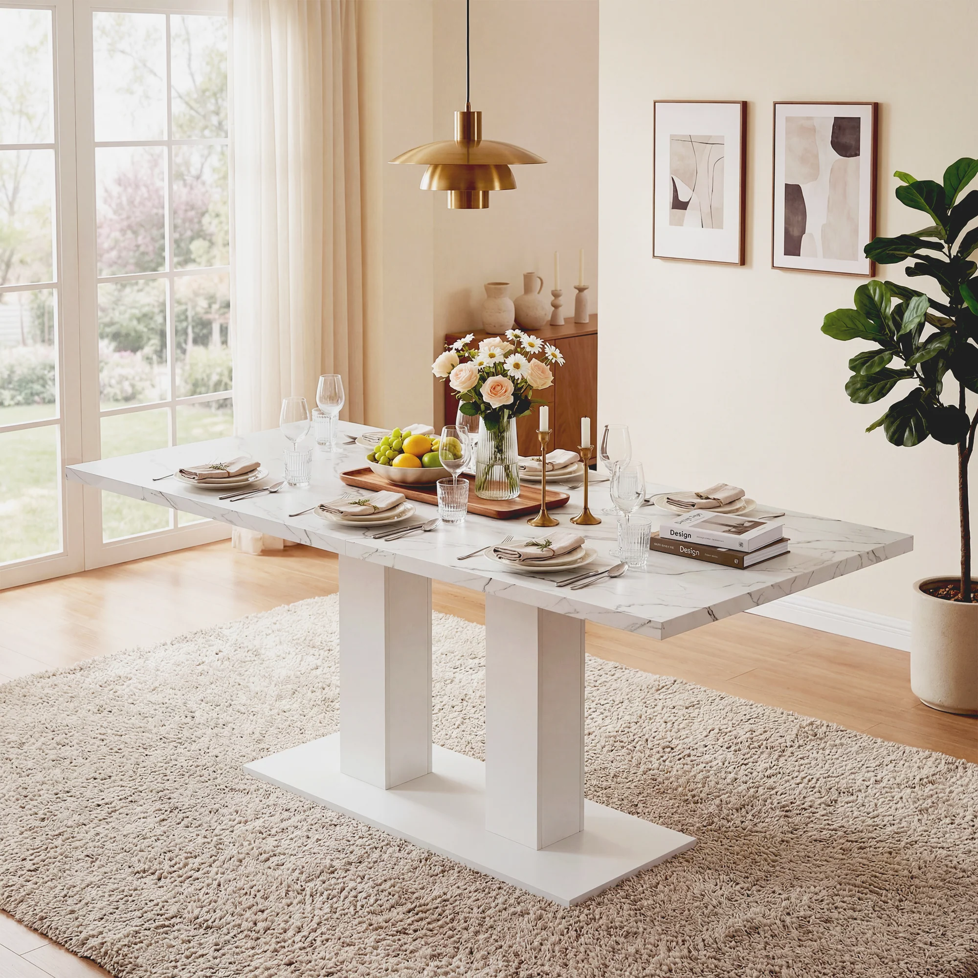 Extendable Dining Table, 140/180x70cm for 6-8 People, Rectangular Thickened Tabletop, White - Image 2