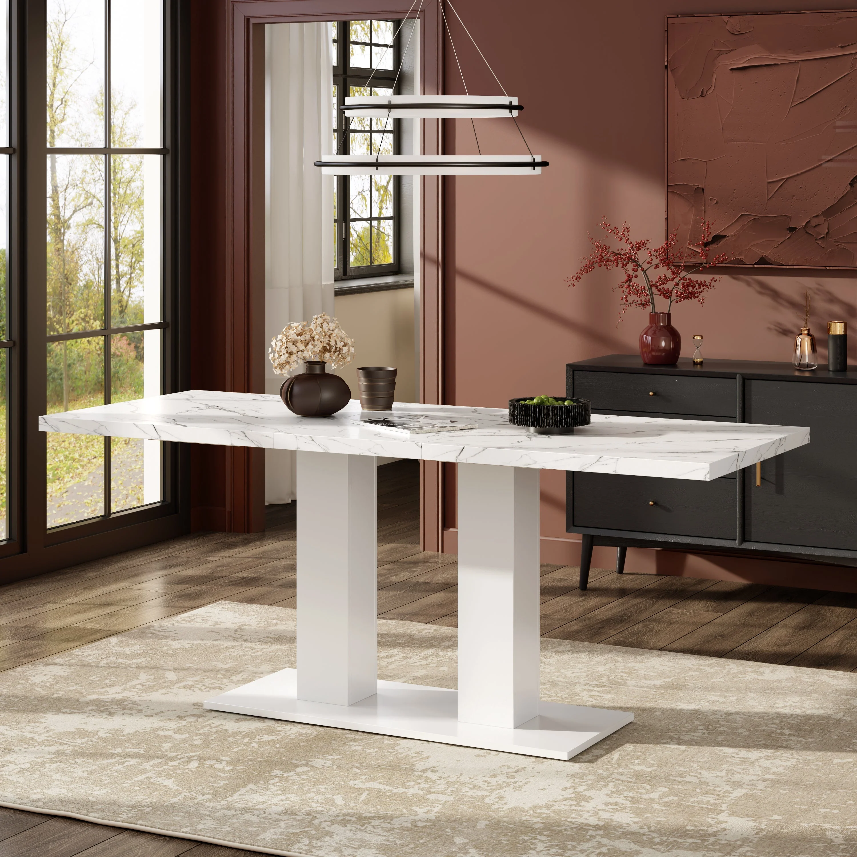 Extendable Dining Table, 140/180x70cm for 6-8 People, Rectangular Thickened Tabletop, White - Image 3
