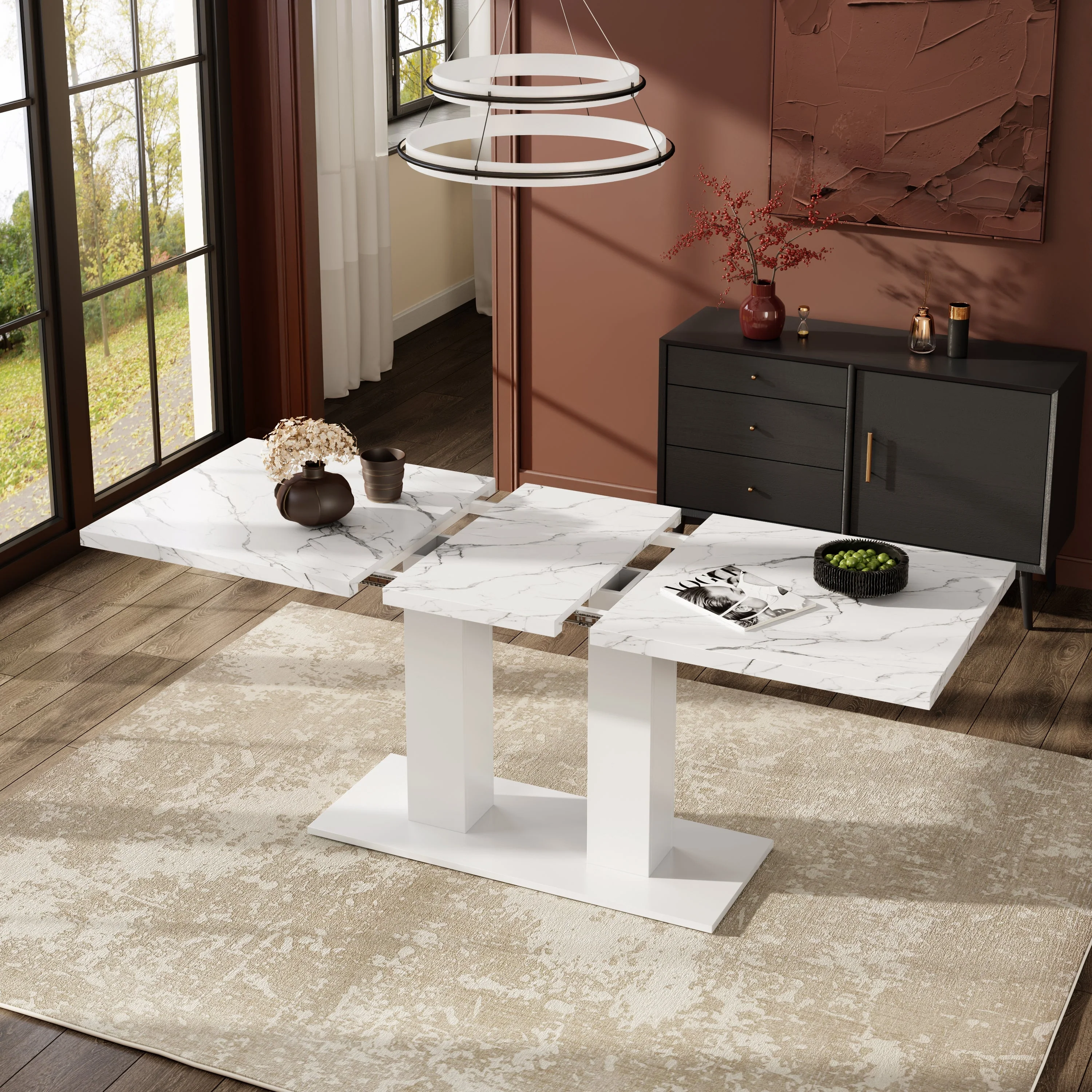 Extendable Dining Table, 140/180x70cm for 6-8 People, Rectangular Thickened Tabletop, White - Image 4