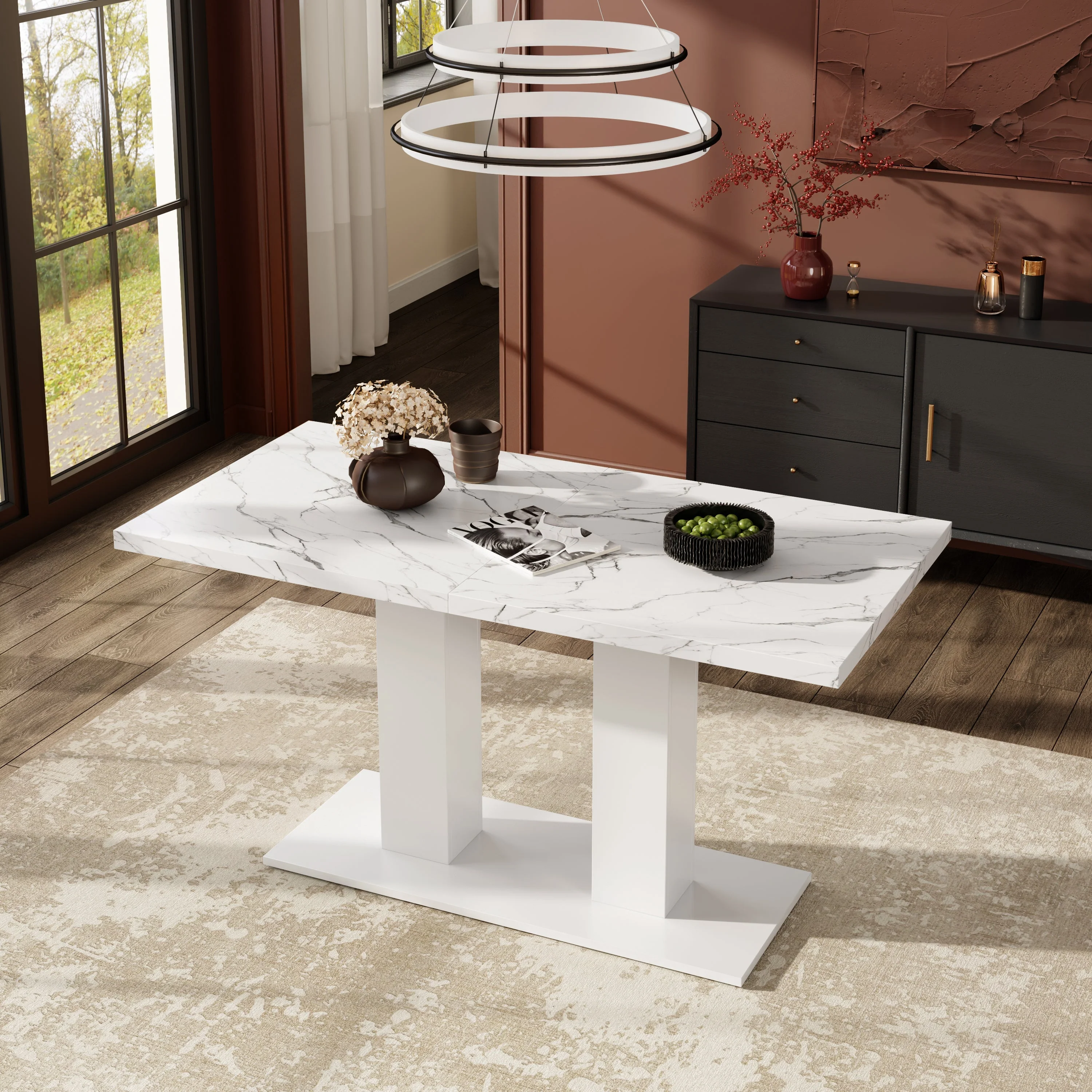 Extendable Dining Table, 140/180x70cm for 6-8 People, Rectangular Thickened Tabletop, White - Image 5