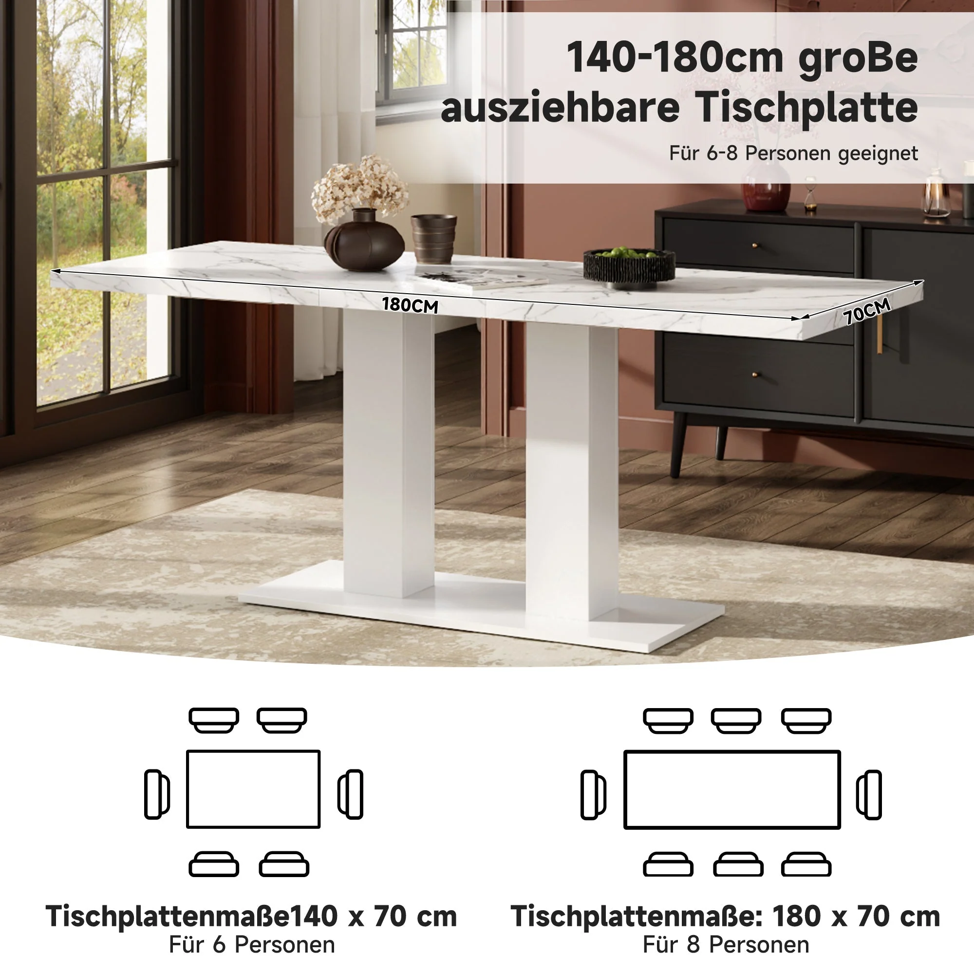 Extendable Dining Table, 140/180x70cm for 6-8 People, Rectangular Thickened Tabletop, White - Image 8