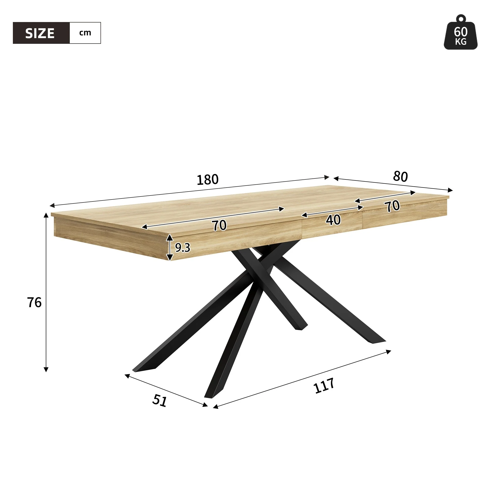 Extendable Dining Table 140/180x80cm 6-8 Person Metal Legs Oak Color - Image 6