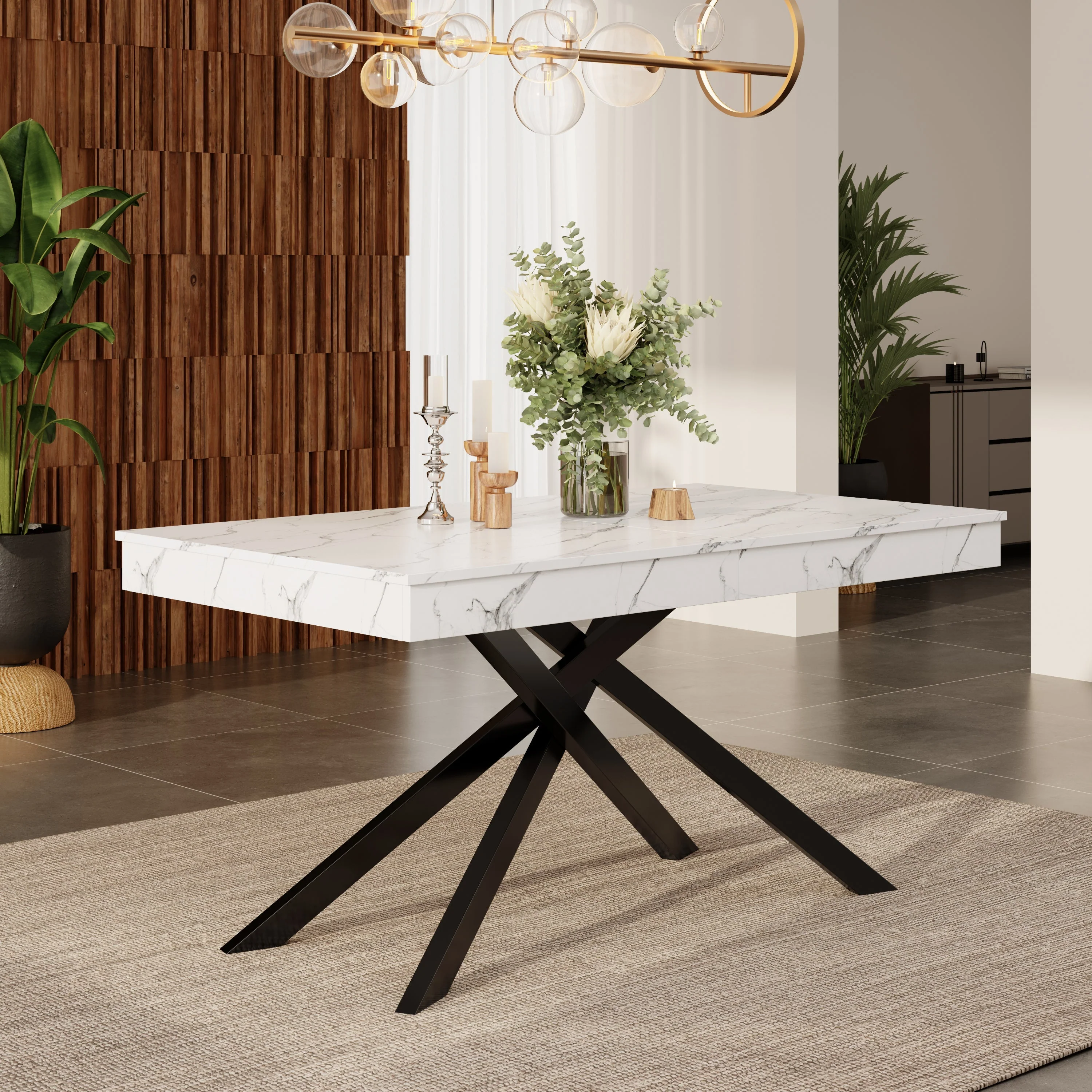 Extendable Dining Table 140/180x80cm Rectangular 6-8 Seater Metal Legs - White - Image 2