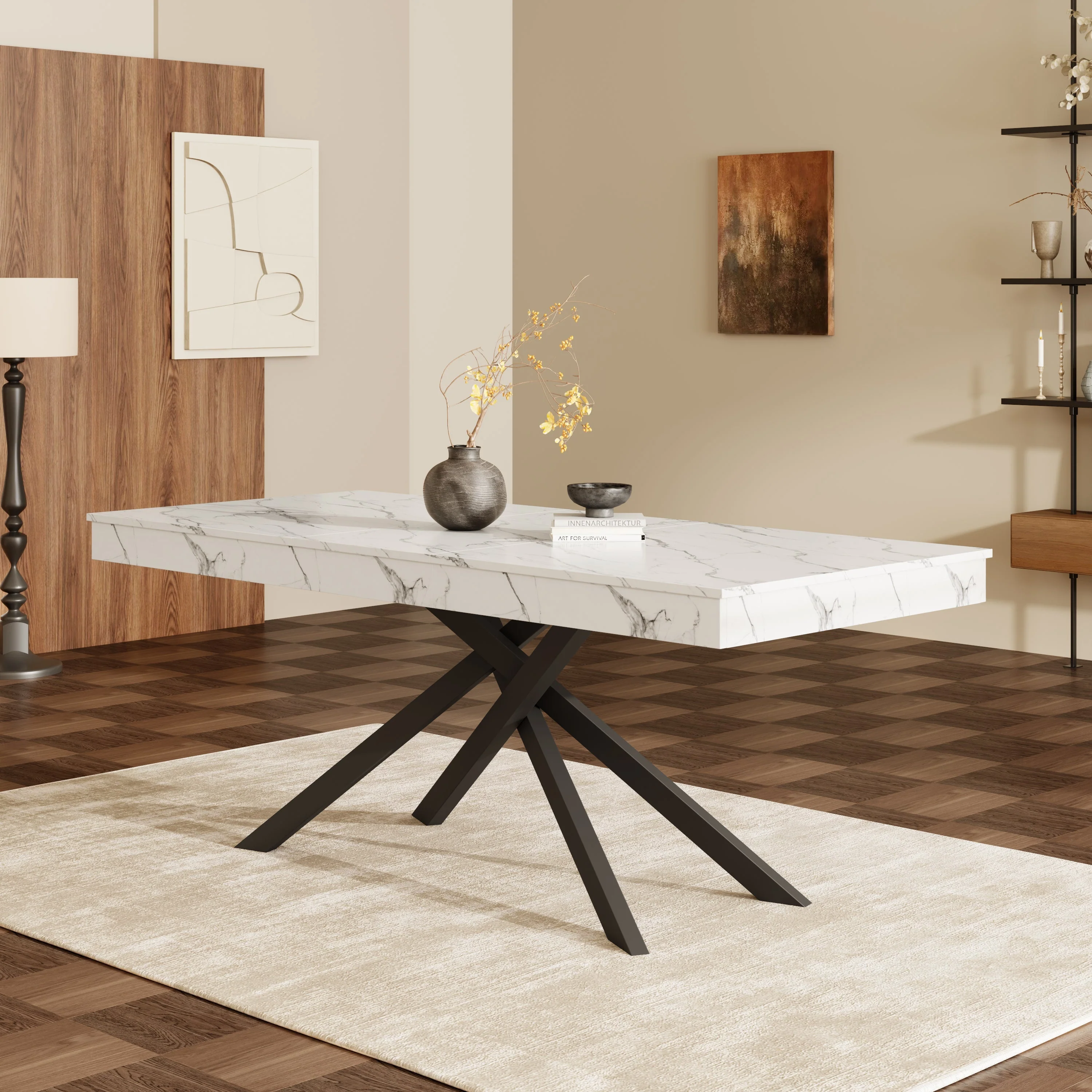 Extendable Dining Table 140/180x80cm Rectangular 6-8 Seater Metal Legs - White - Image 3