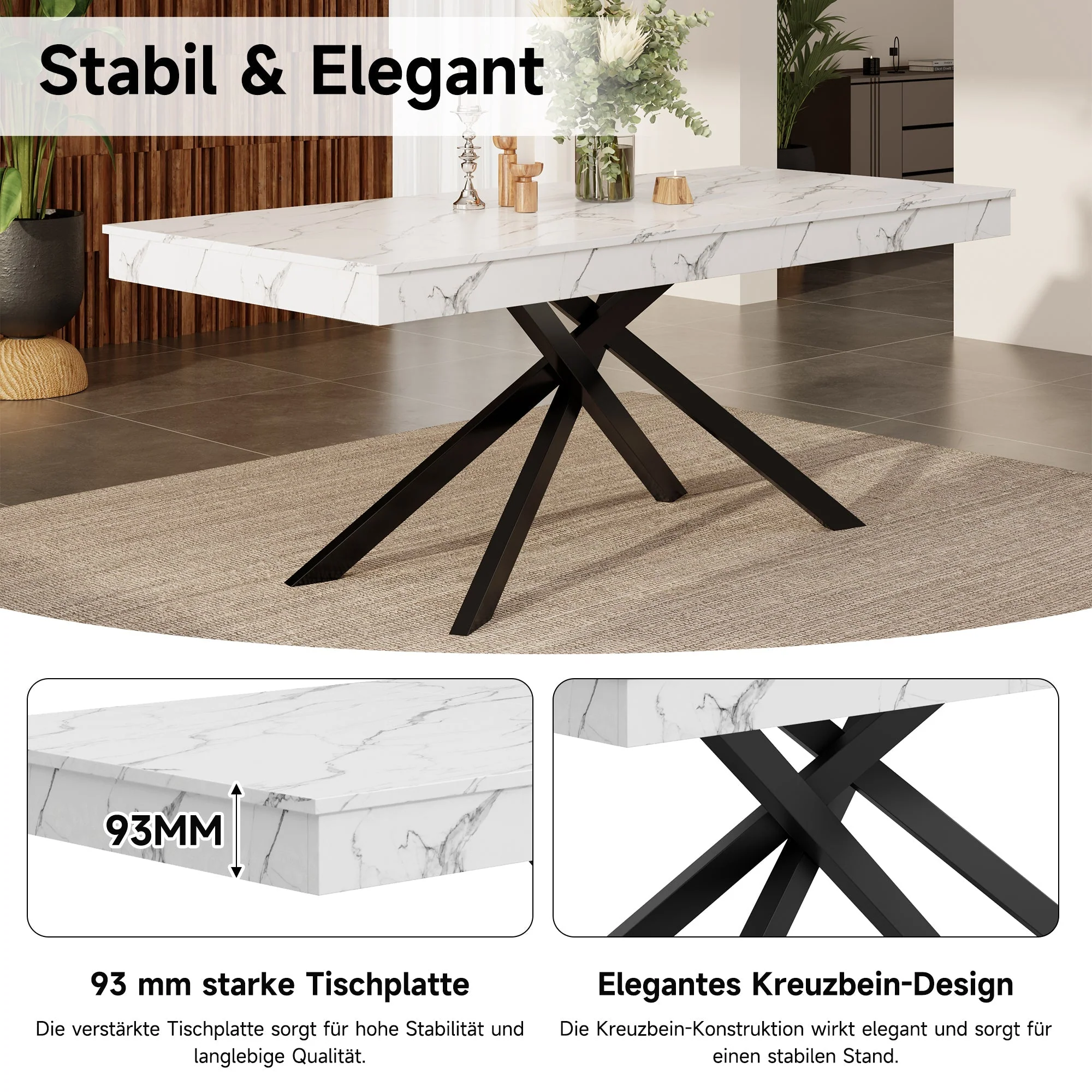 Extendable Dining Table 140/180x80cm Rectangular 6-8 Seater Metal Legs - White - Image 7